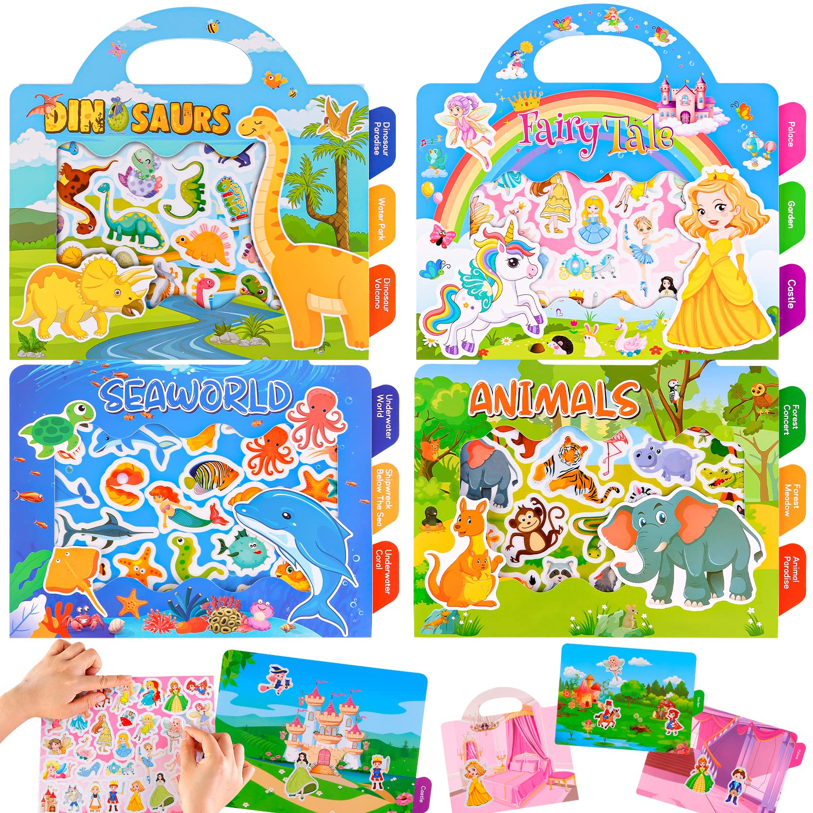 Reusable Sticker Books Toys for Kids - 4 Pack Stickers Books for Age 2 3 4 Year Old Boys Girls, 3D Clear Animals Fairy Tale Sea World Dinosaur Sticker Book Educational Learning Toy Birthday Gifts
