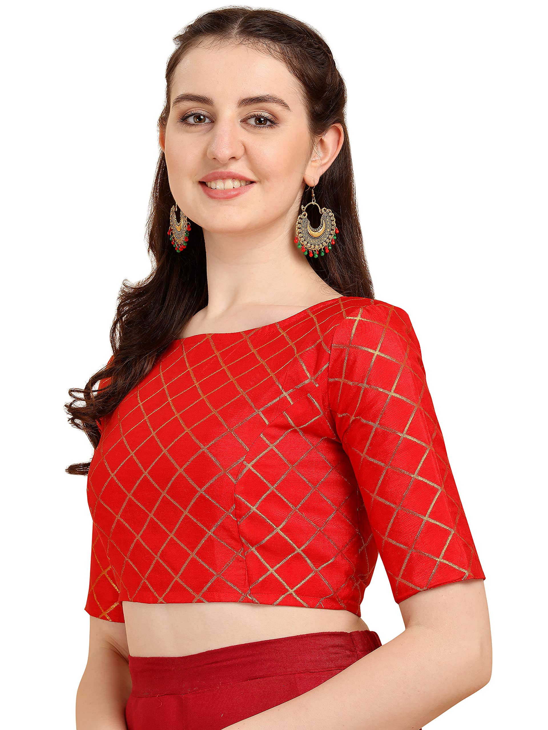 Oomph Women's Art Silk Checkered Half Sleeve Blouse (Rbbl70L_Scarlet Red_L)