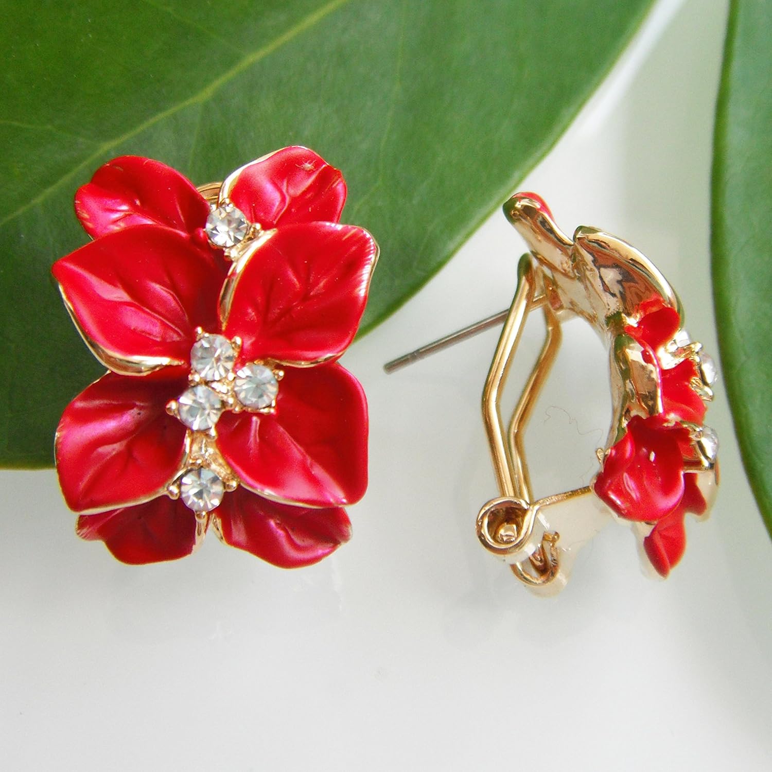 Navachi 18k Gold Plated White Crystal colorful Enamel Leaves Flower Omega Back Earrings - Image 5