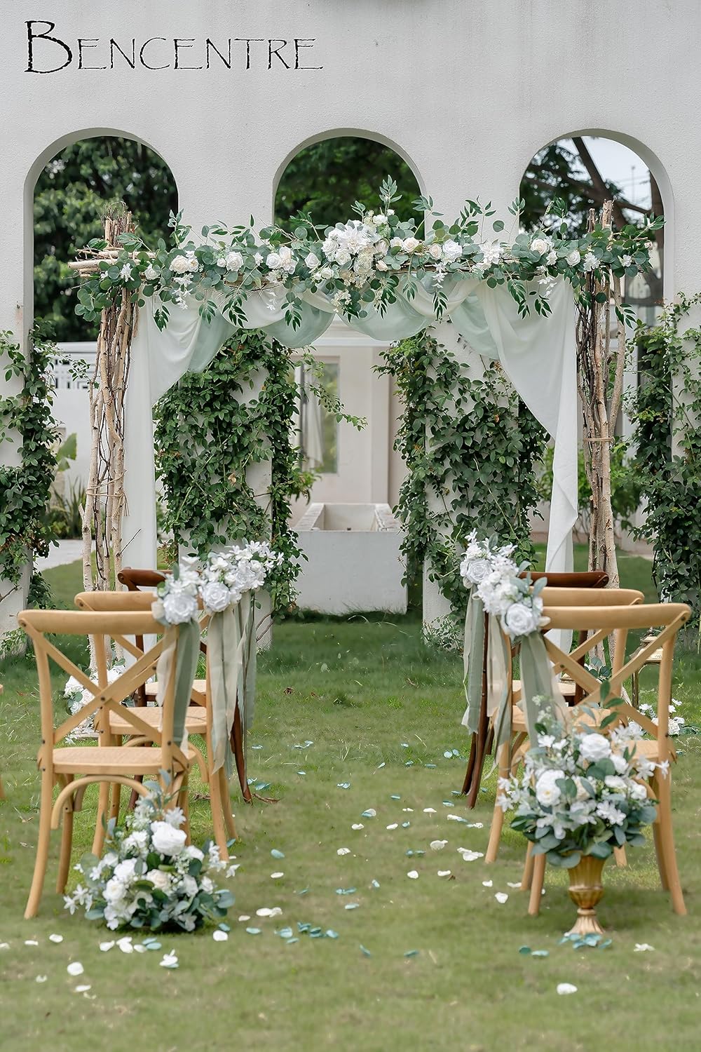White 9FT Artificial Eucalyptus Garland with Flowers, Arch Flowers for Wedding Ceremony, Sweetheart Table Centerpieces, Head Table Decor, Arch Backdrop Wedding Decorations - Image 3