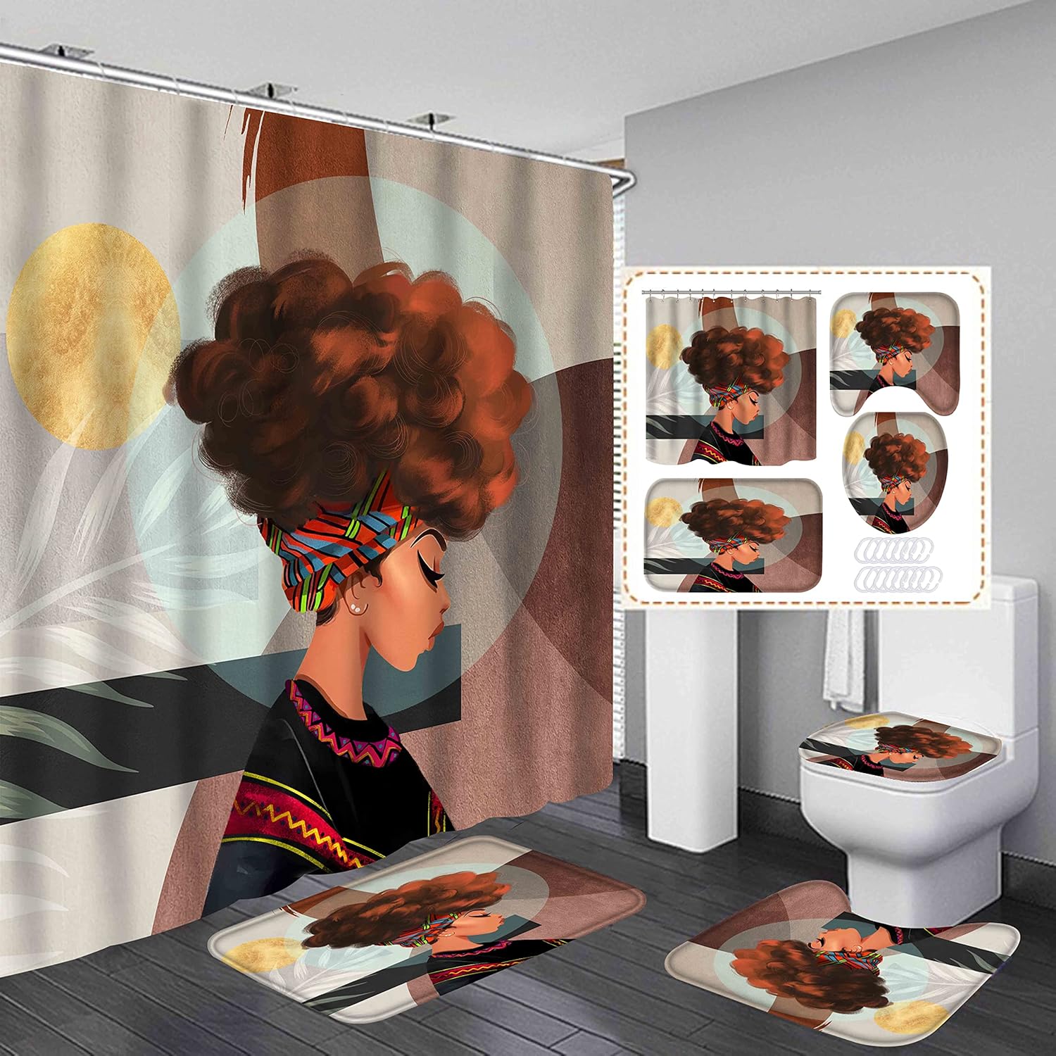 Black Girl Abstract Shower Curtain Sets with Rugs and Toilet Lid Cover Bath Mat