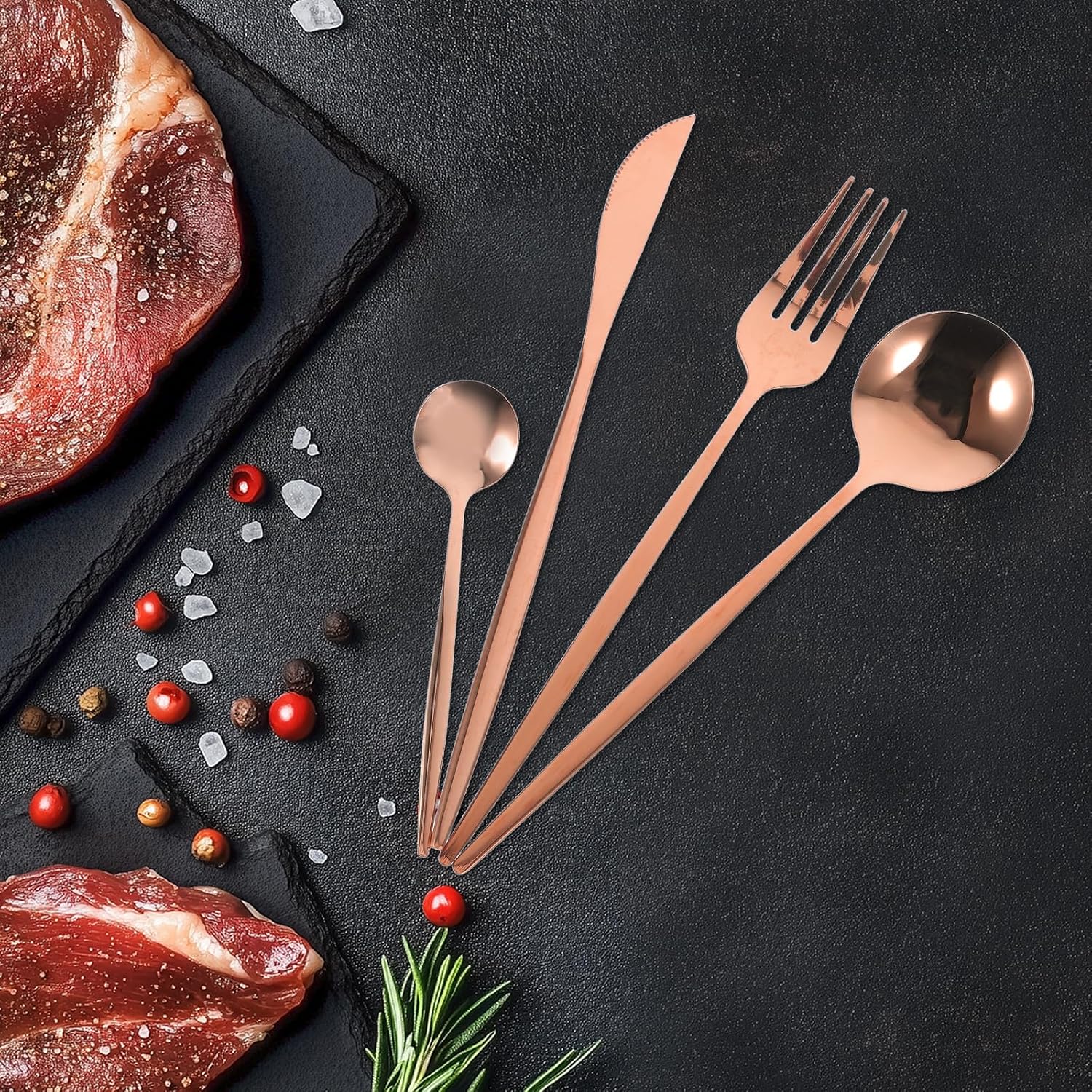 Zerodeko 24pcs Stainless Steel Flatware Set Rose Gold Plated Steak Fork Spoon Cutter Tea Spoon Black Box Serving Utensil Set for Parties and Western Dinnerware