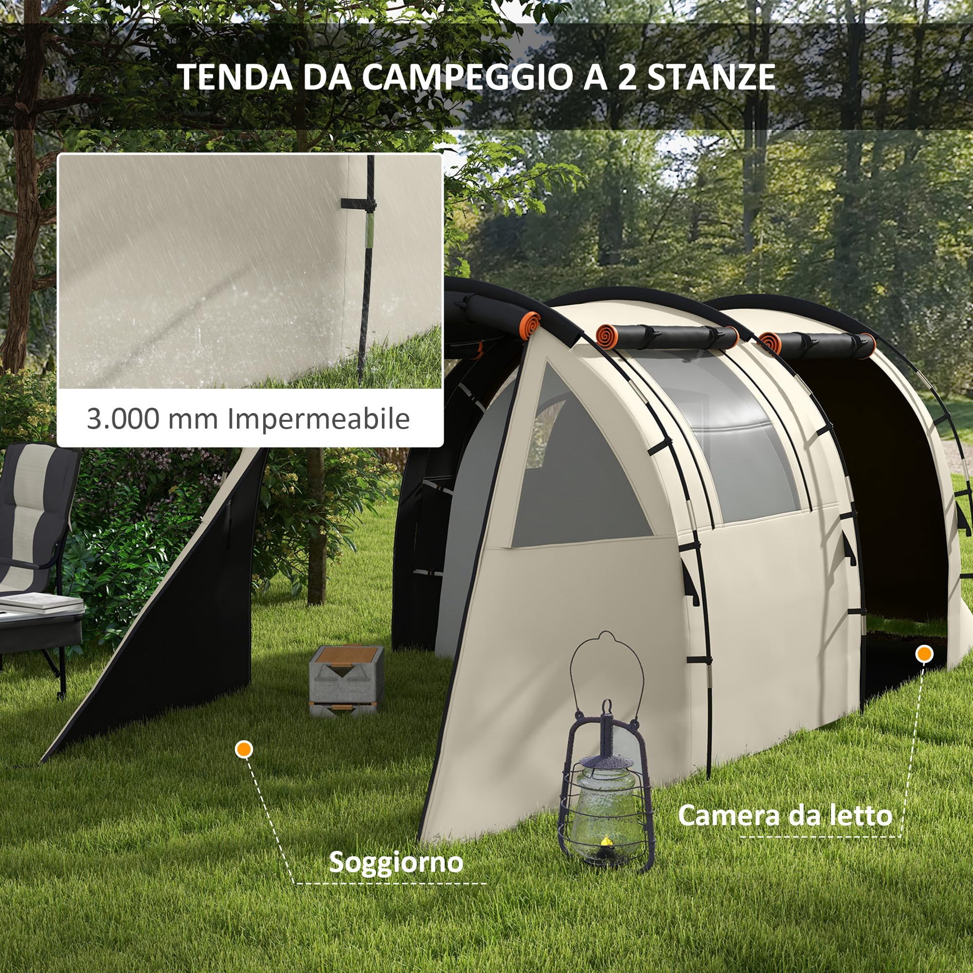 Outsunny Tenda Campeggio per 4-5 Persone con Copertura Impermeabile, Tenda a Tunnel Familiare con Borsa di Trasporto, Kaki