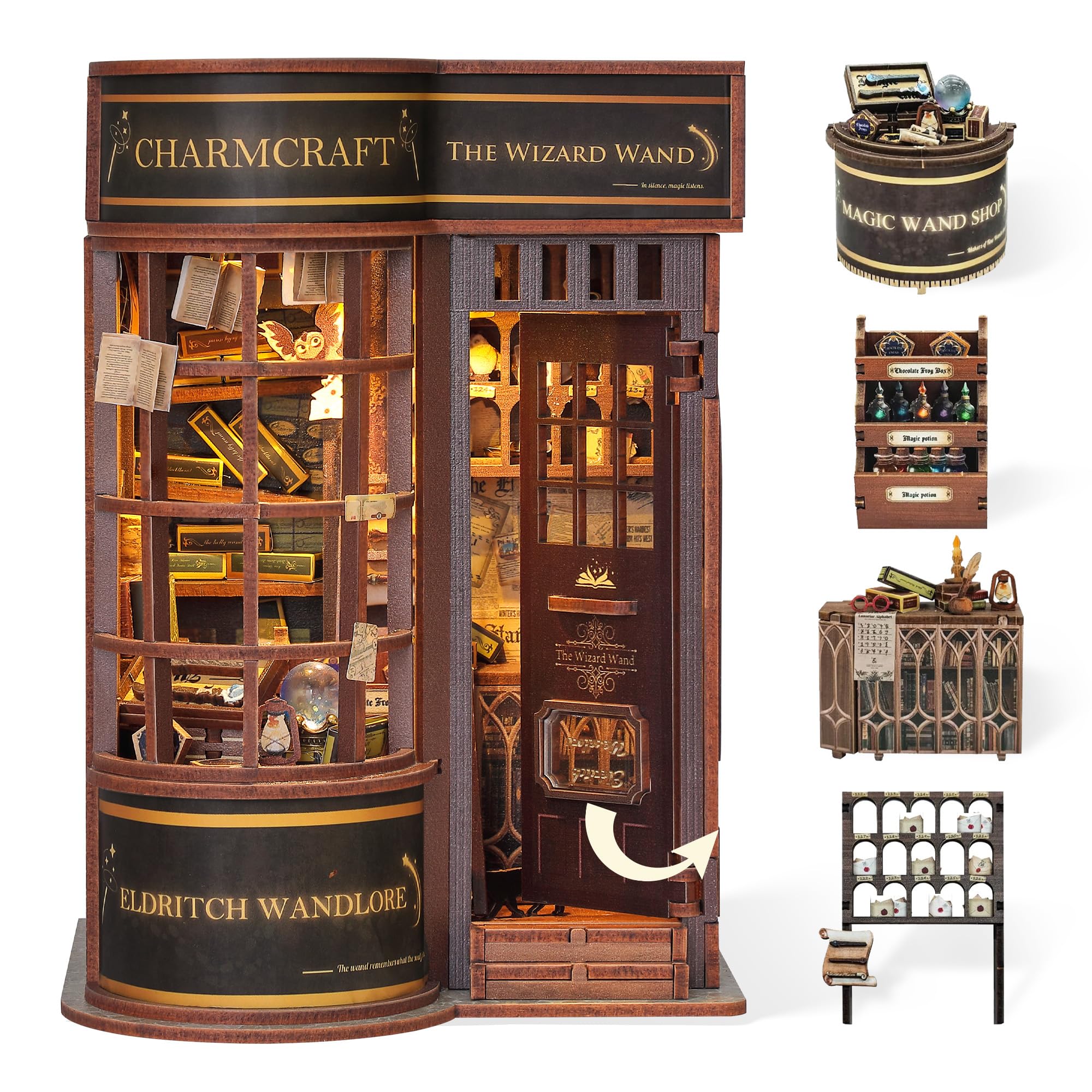 FUNPOLA Puzzle en Bois 3D Baguette de Sorcier Kit de Coin de Livre - Décoration avec lumière LED pour bibliothèque Miniature - Cadeau décoratif à Exposer (Magasin de Baguettes)
