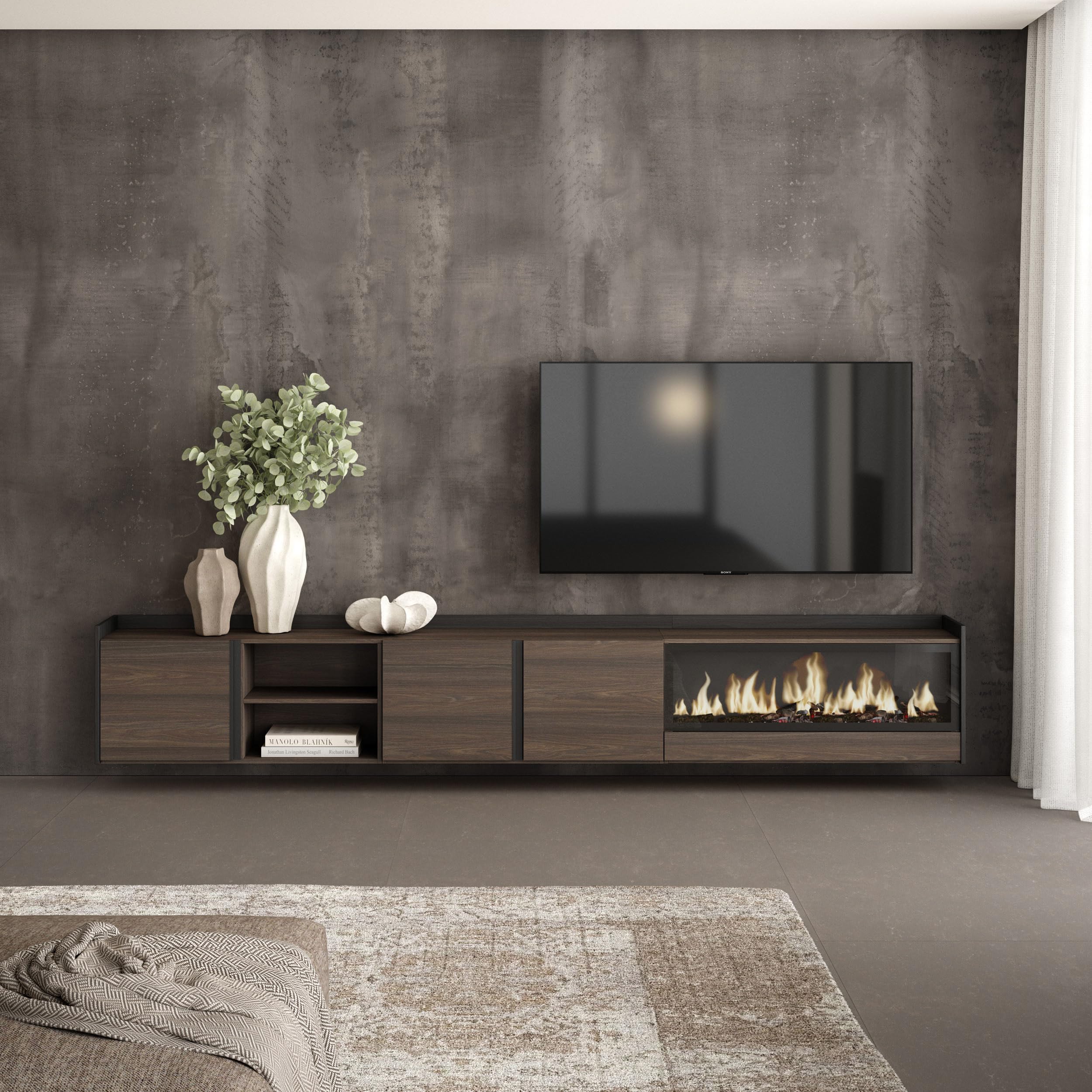 Skraut Home | Mueble TV | Muebles de salón, almacenaje | 315x50x35 cm | para televisión hasta 80" | Chimenea eléctrica XXL | Colgado, Suspendido | Estilo Moderno | Roble Oscuro y Negro