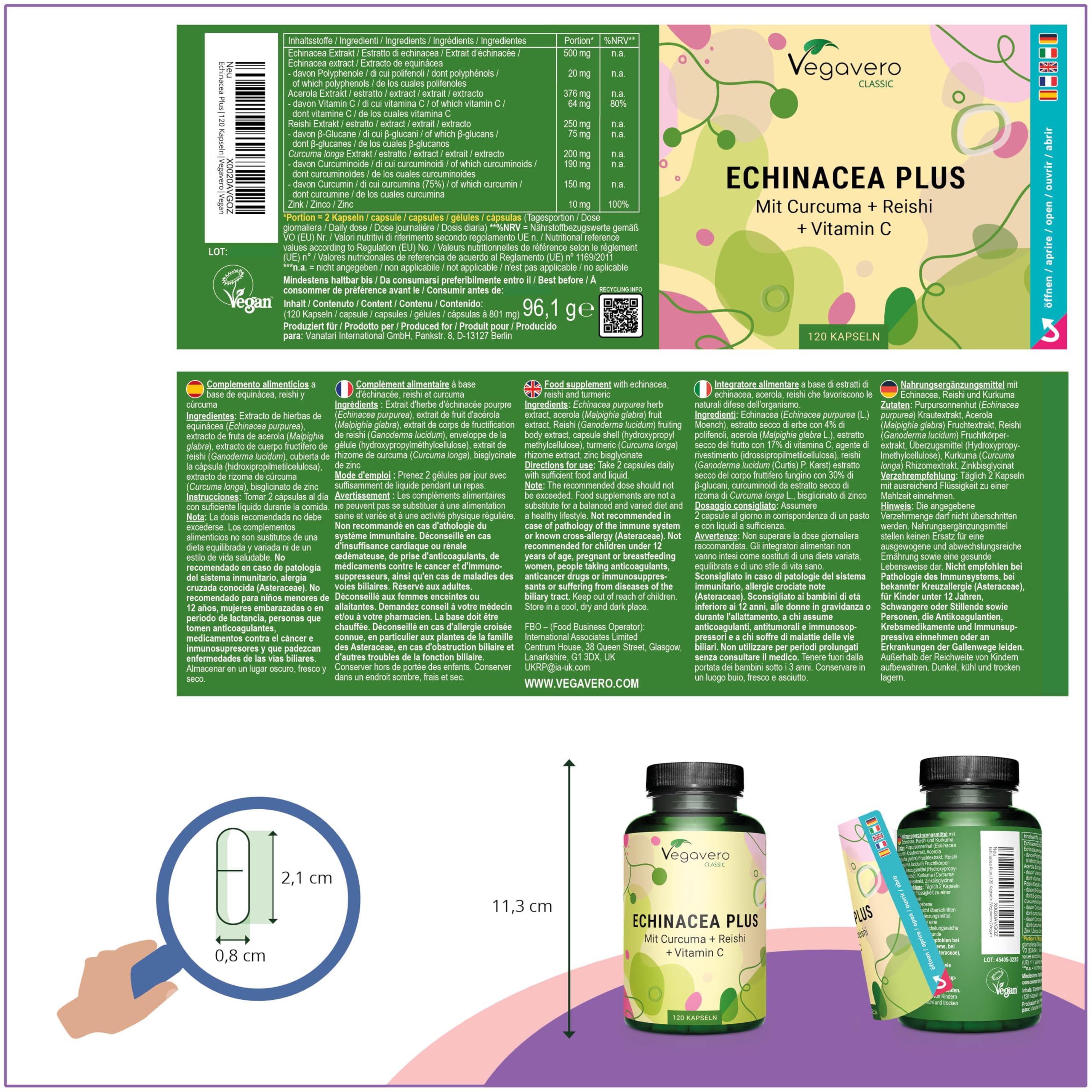 Complexe Échinacée Immunité | Avec Vitamine C, Reishi, Curcuma et Zinc | Sans Additifs & Vegan | 120 Gélules | Vegavero®