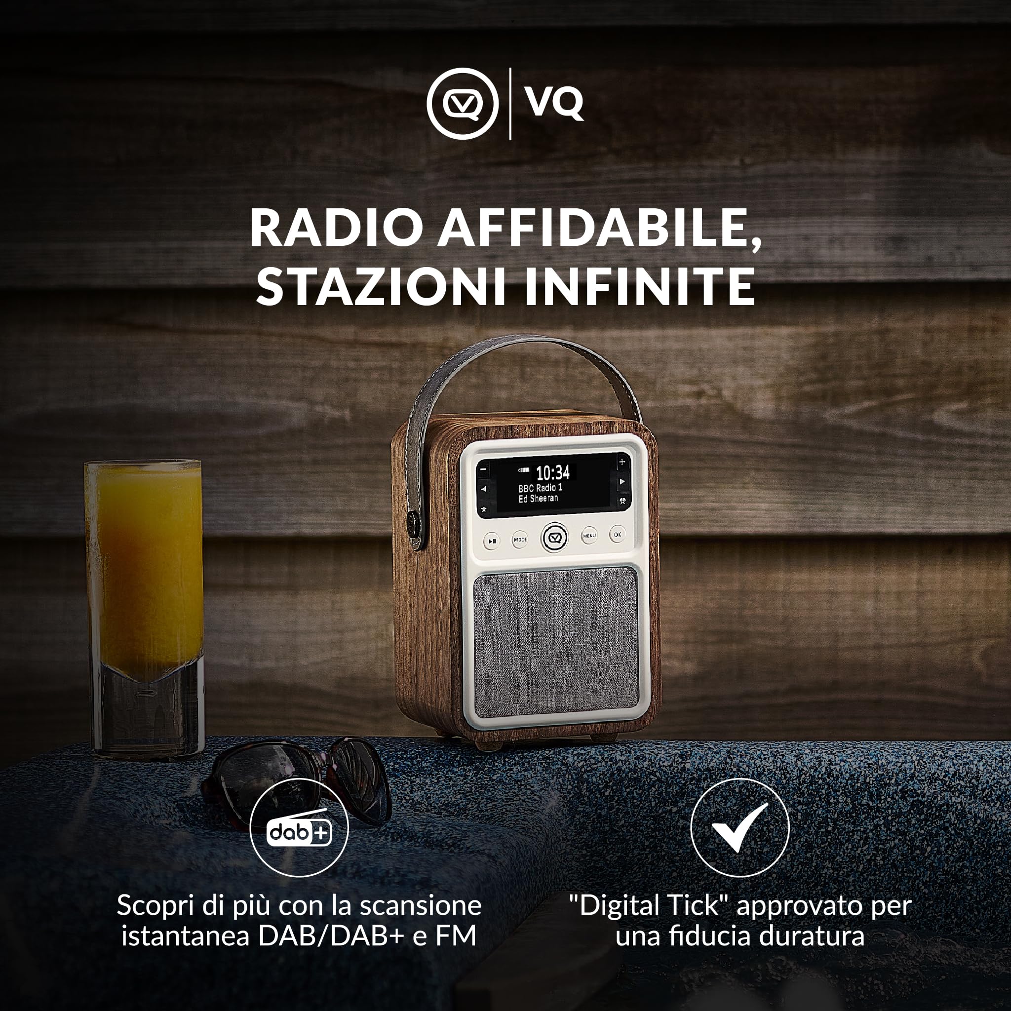 VQ Monty Radio DAB Plus/DAB con Cassa Bluetooth, FM e Radio Sveglia Funzione - Alimentata da Rete e Batteria Radio Portatile Vintage con Antenna, Presa Cuffie e Porta USB - Noce