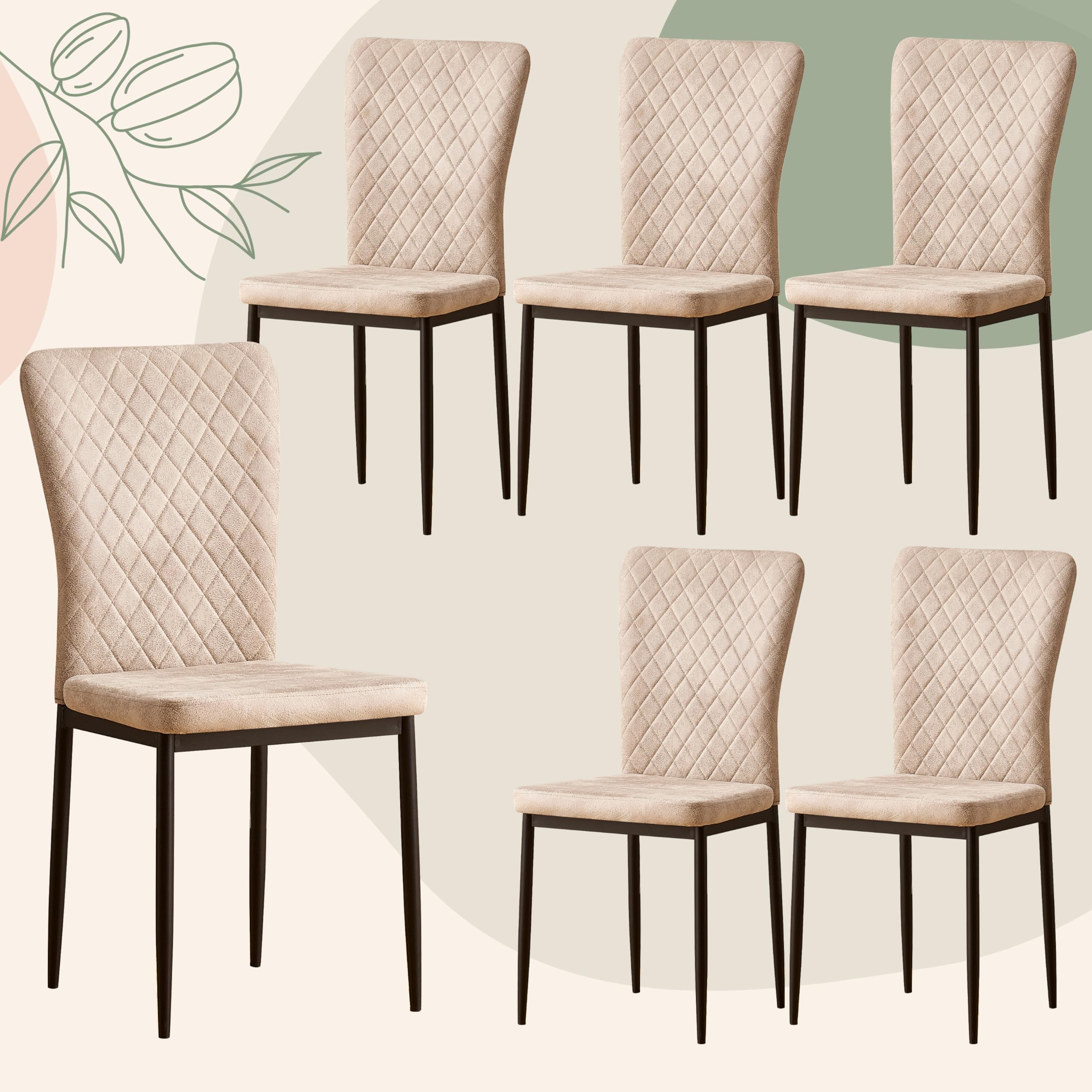 JaHECOME Suede Dining Chairs Set of 6 Kitchen Living Room Chairs High Back Upholstered Padded Seat Metal Legs(6,Suede Beige)