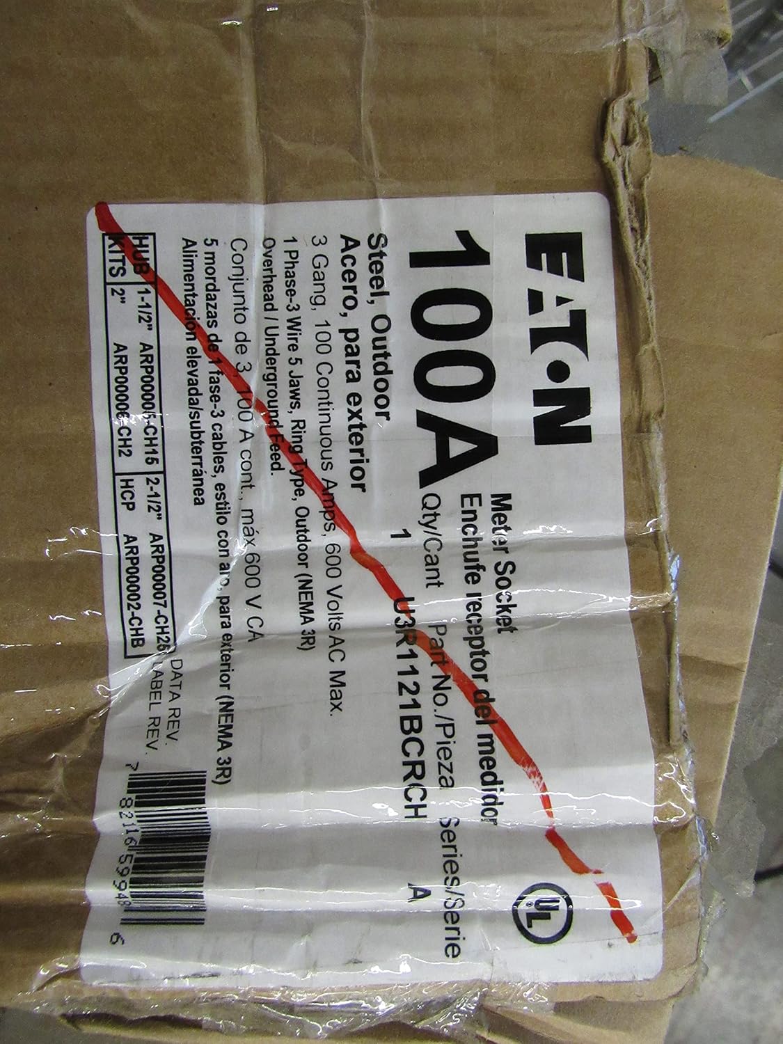 Eaton U3R1121BCRCH 1 Phase Horizontal Design Ringless Ganged Meter Socket 4 Jaw 3 Position 100 Amp