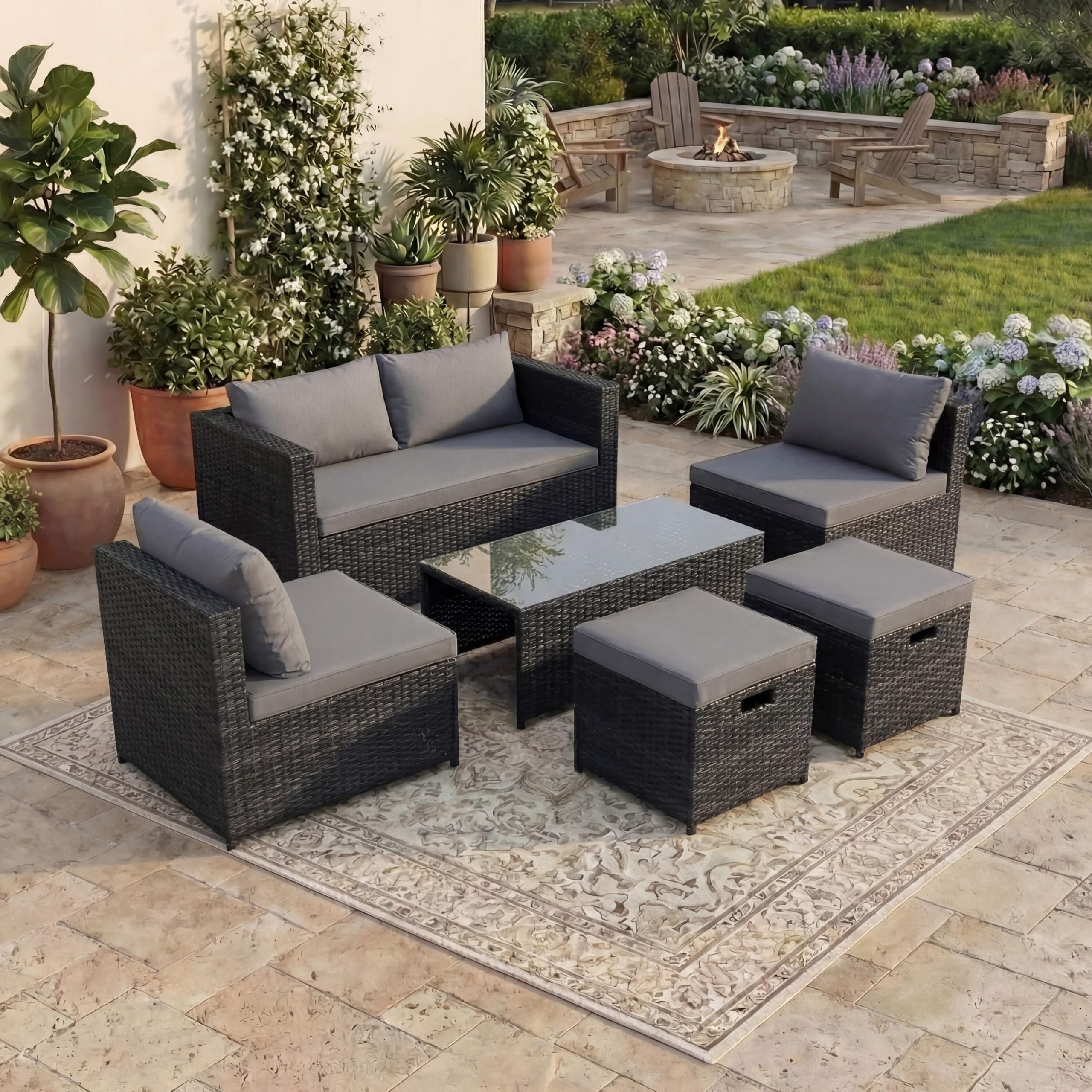 Garden Vida Islay 6 Seater Rattan Seating Set | Black | Fully Assembled | Complete Outdoor Patio Garden Furniture Set | Steel Frame & PE Wicker | UKFR Certified | Weather Resistant, Tempered Glass