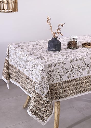 Miniatura 3 de Labhanshi Mantel rectangular de 6 plazas de algodón prelavado con estampado indio a mano, 60 x 90 pulgadas, diseño floral de algodón prelavado