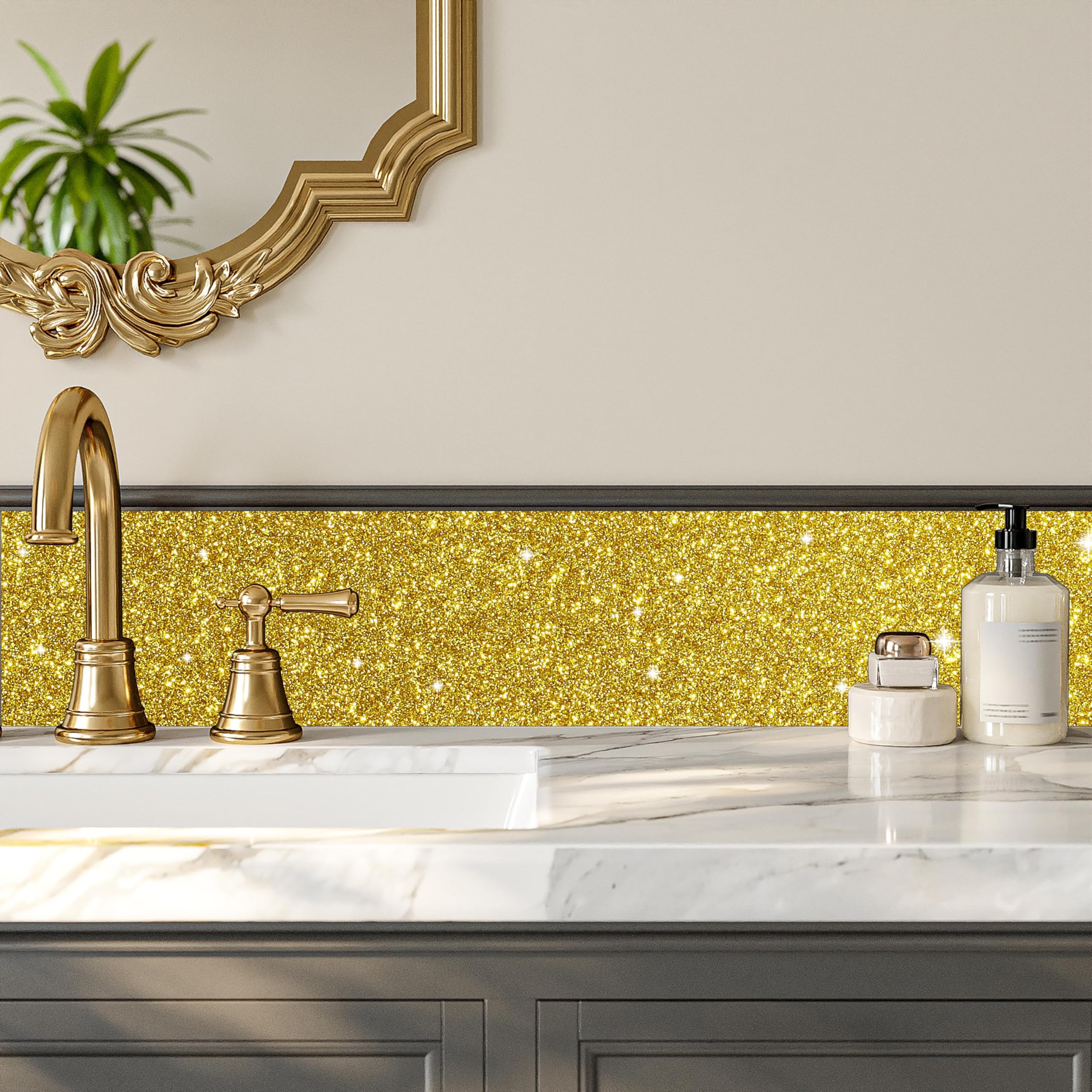 Decotalk Bordo Adesivo Per Mobili Glitterato Oro 10X600cm Bordo Per Carta da Parati Bordi Autoadesivo Parete Con Glitter Pellicola Adesiva Per Mobili Oro Carta da Parati Adesiva Camera da Letto