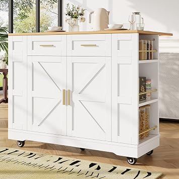 KUIKUI Kitchen Island, Kitchen Island on Wheels, Free Standing Units with 2 Drawers and Double Sided Storage Racks, Storage Trolley on Wheels with Foldable Worktop, White