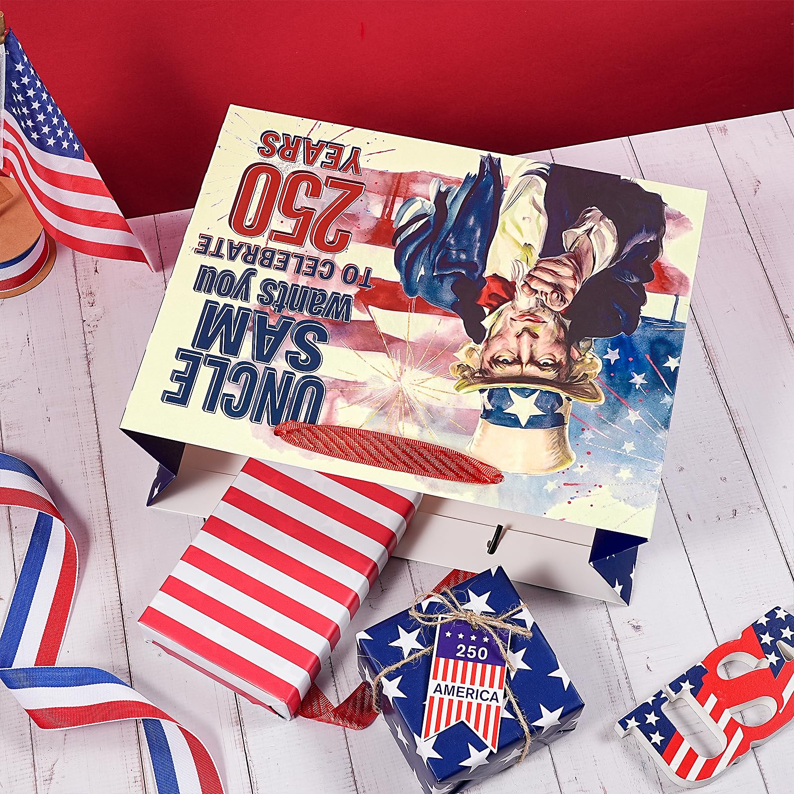 Loveinside 13" Large 250 Years Patriotic Gift Bag, Uncle Sam Red White Blue Design Gift Bag with Tissue Paper for 4th of July, America 250th Anniversary Celebration, 13" x 5" x 10", 1 Pcs