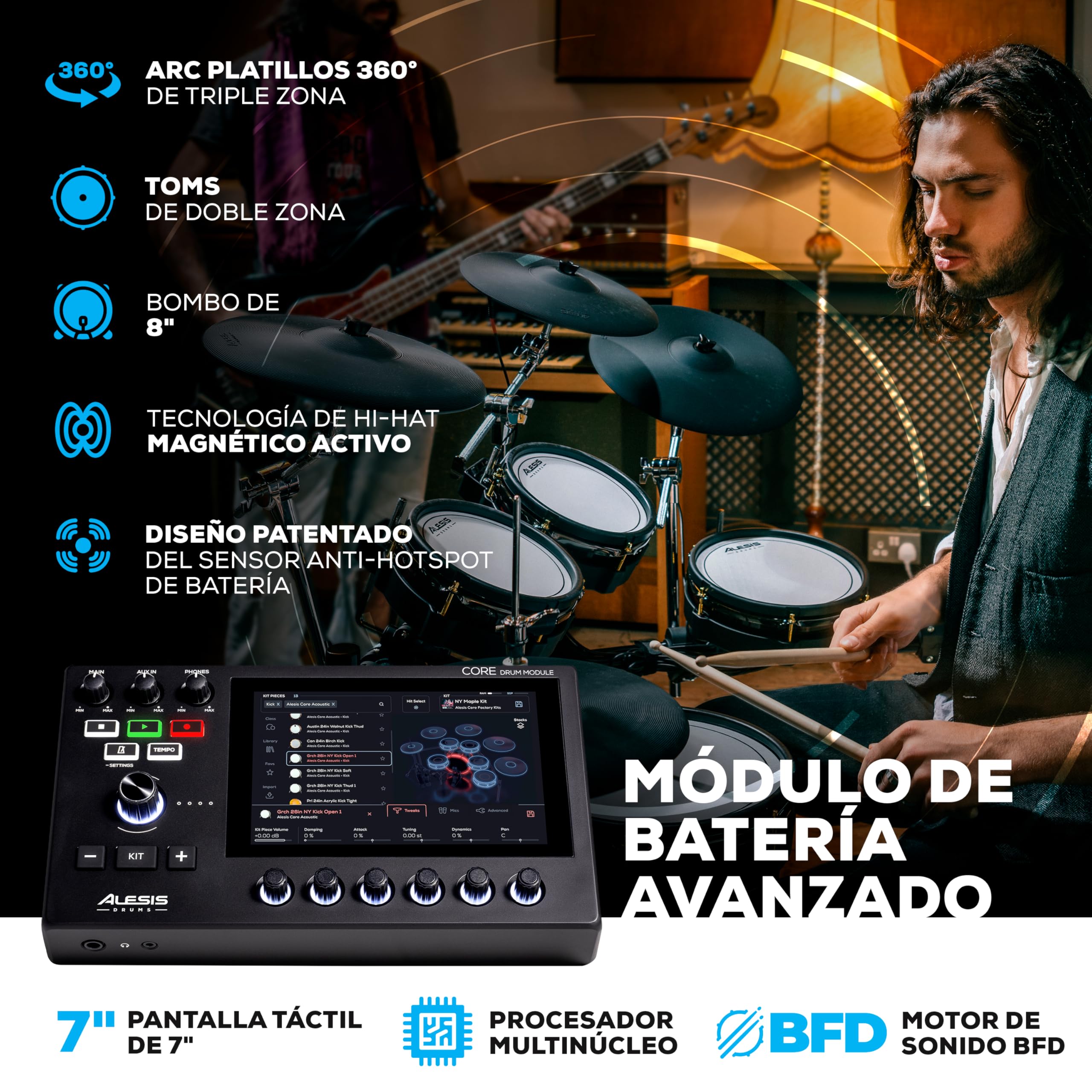 Alesis Strata Core - Kit de Batería Electrónica con Pantalla Táctil, Platillos de Triple Zona, Hi-Hat Magnético Activo y Parches de Malla de Doble Zona