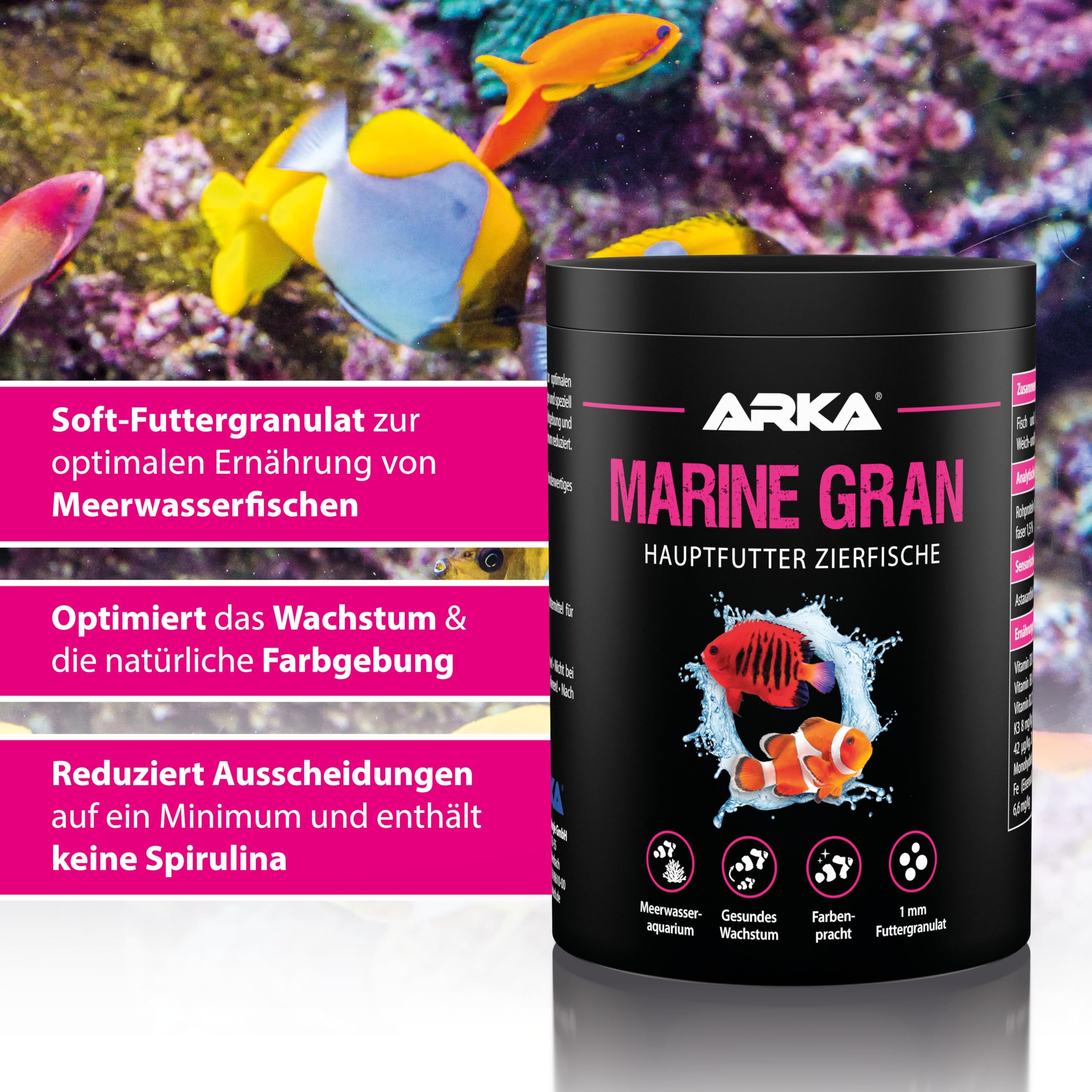 Meerwasserfische Granulat 1000 ml / 550 g – kaltgepresstes Soft-Granulat als Hauptfutter – für Farbenpracht, Wachstum & Vitalität – ARKA Marine Gran