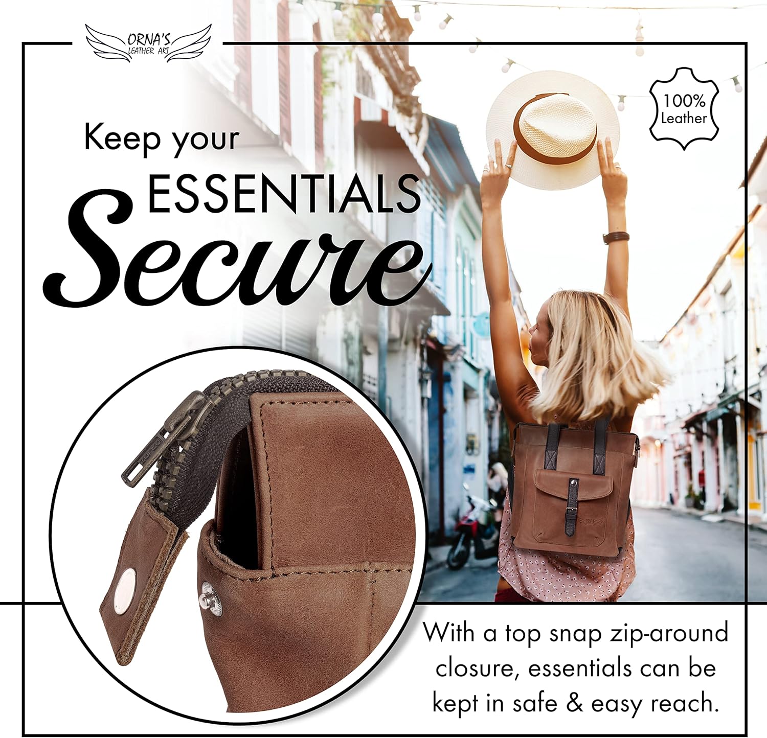 ORNA'S LEATHER ART | Mini SWAN Everyday leather backpack for Women. Practical, Stylish and Spacious Women’s Bag. Real Leather in A Chic Backpack And Contemporary Design (Brown)