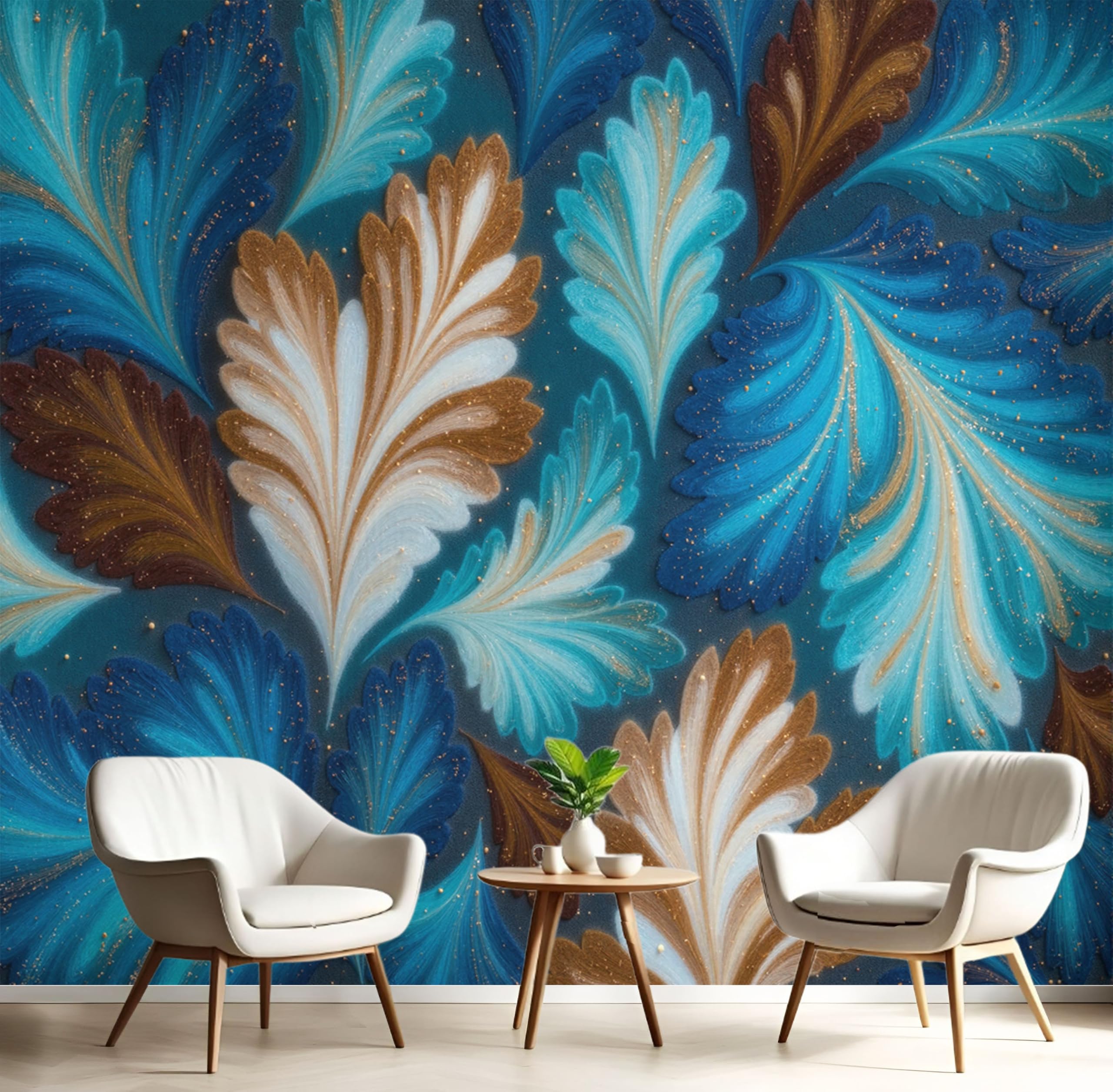 Papier peint panoramique feuilles abstraites aquarelle 3D cyan 350x256 cm