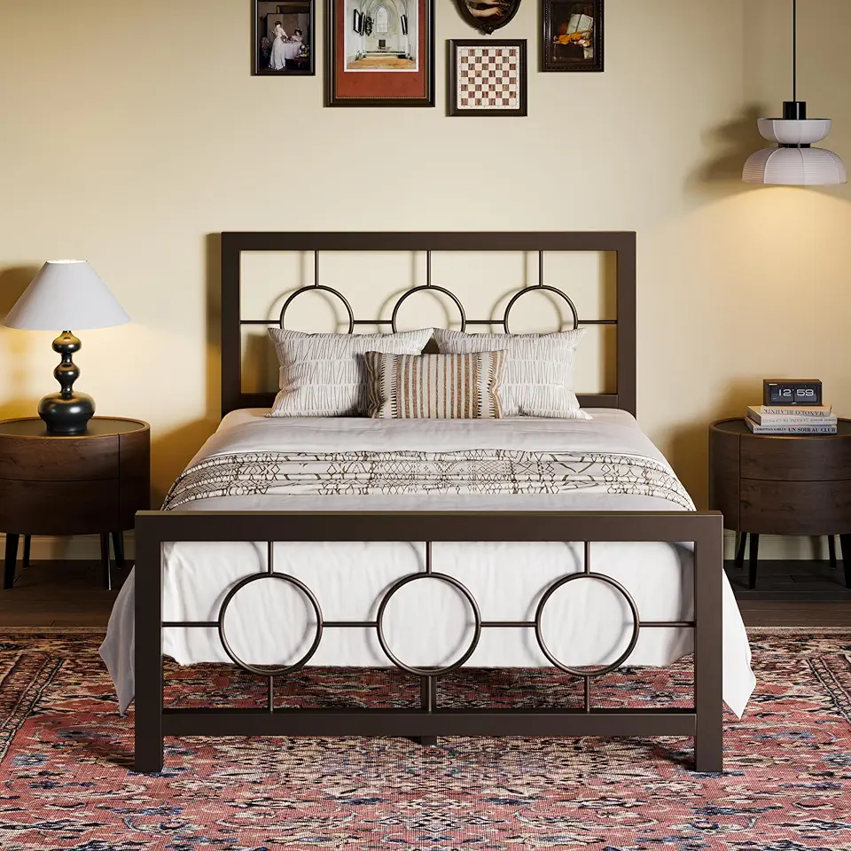 SHA CERLIN Twin Metal Bed Frame with Vintage Circular Design Headboard and Footboard, No Box Spring Required, Easy Assembly, Noise-Free,Brown