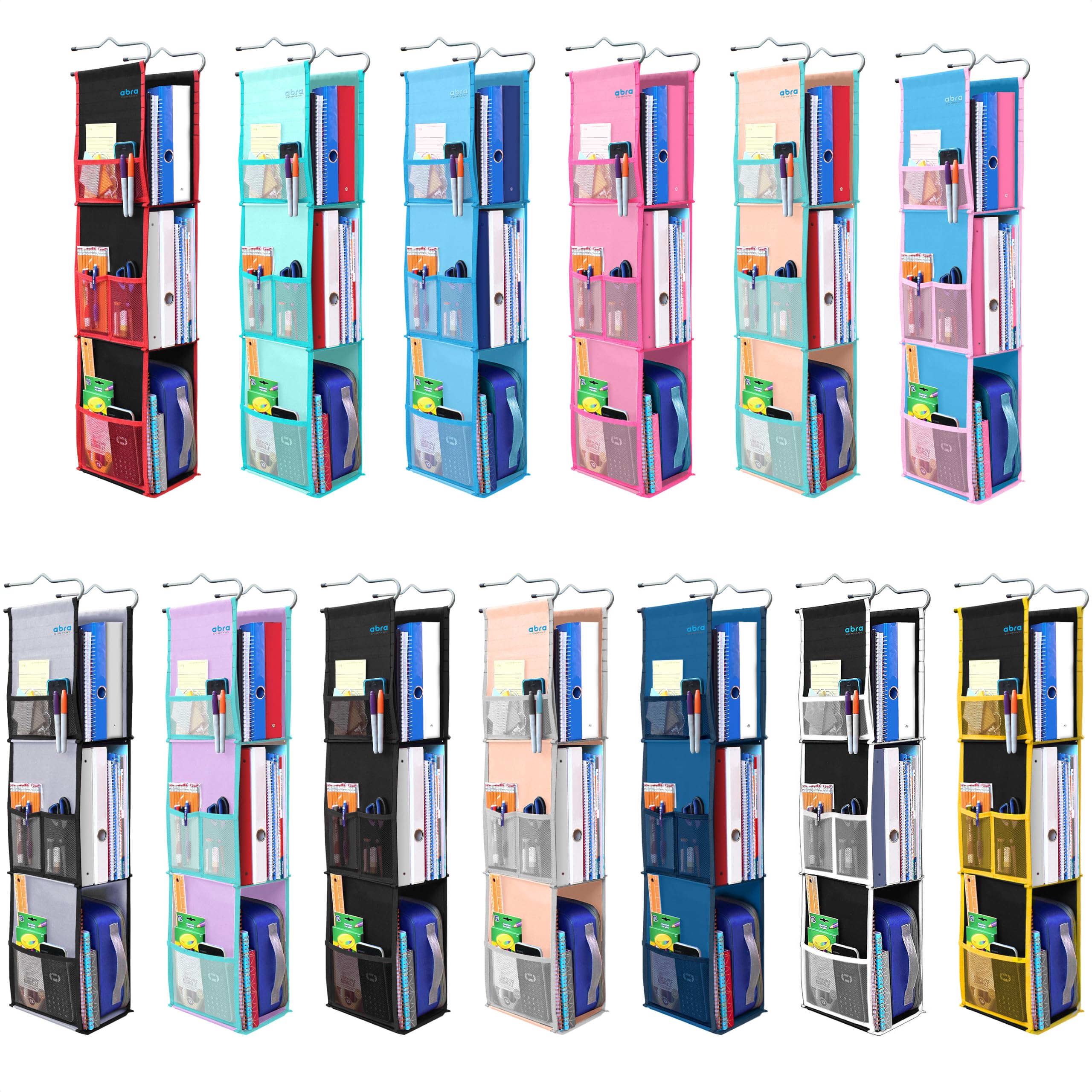 ABRA® Organizador de casillero colgante de 3 estantes para escuela, gimnasio, trabajo, almacenamiento, estantes profundos de 6.5 x 9 pulgadas, tela ecológica saludable para niños, estante ajustable de