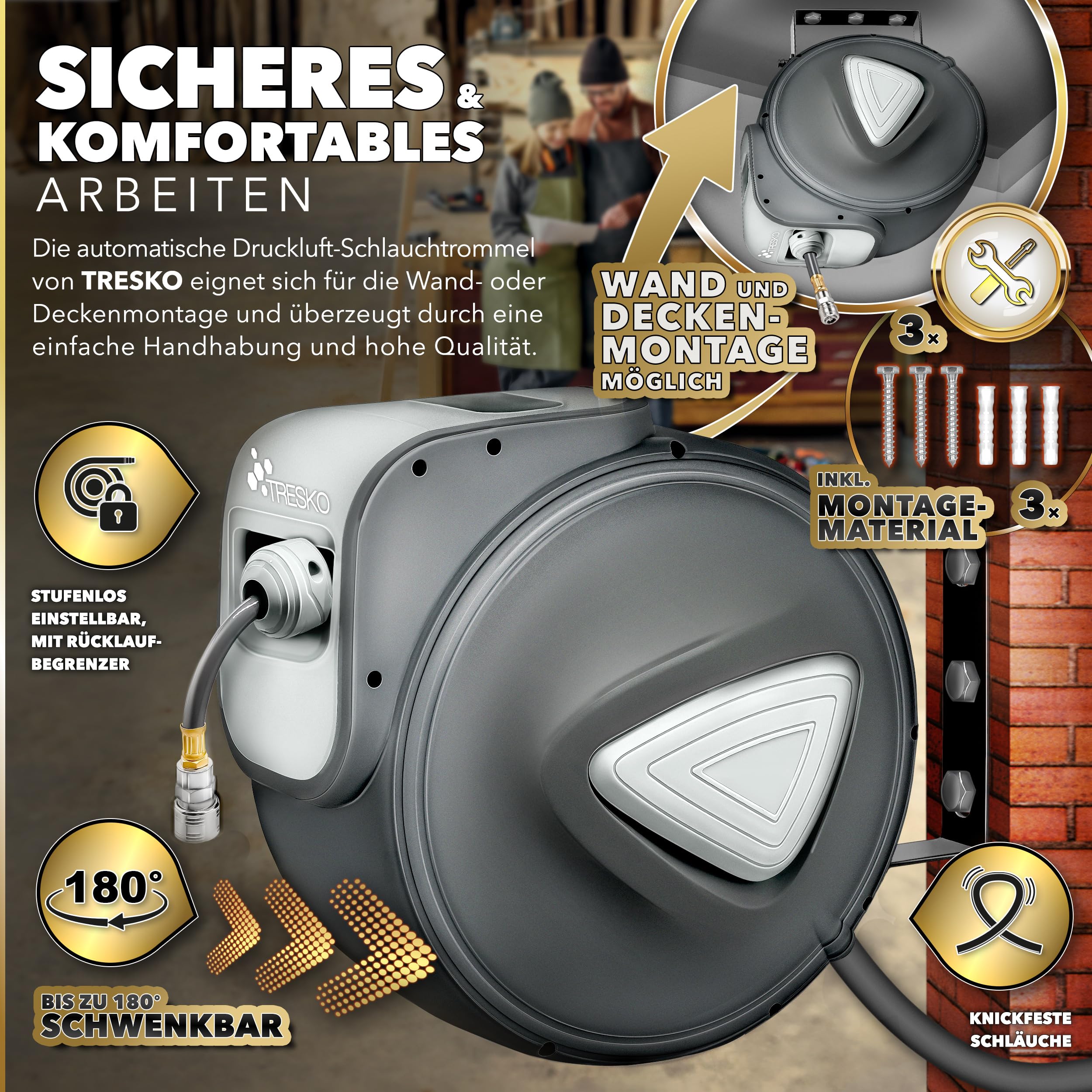 TRESKO® 20m Druckluftschlauch Aufroller automatisch 1/4" Anschluss | Schlauchtrommel Wandschlauchhalter Schlauchaufroller Druckluftschlauch-trommel, Grau