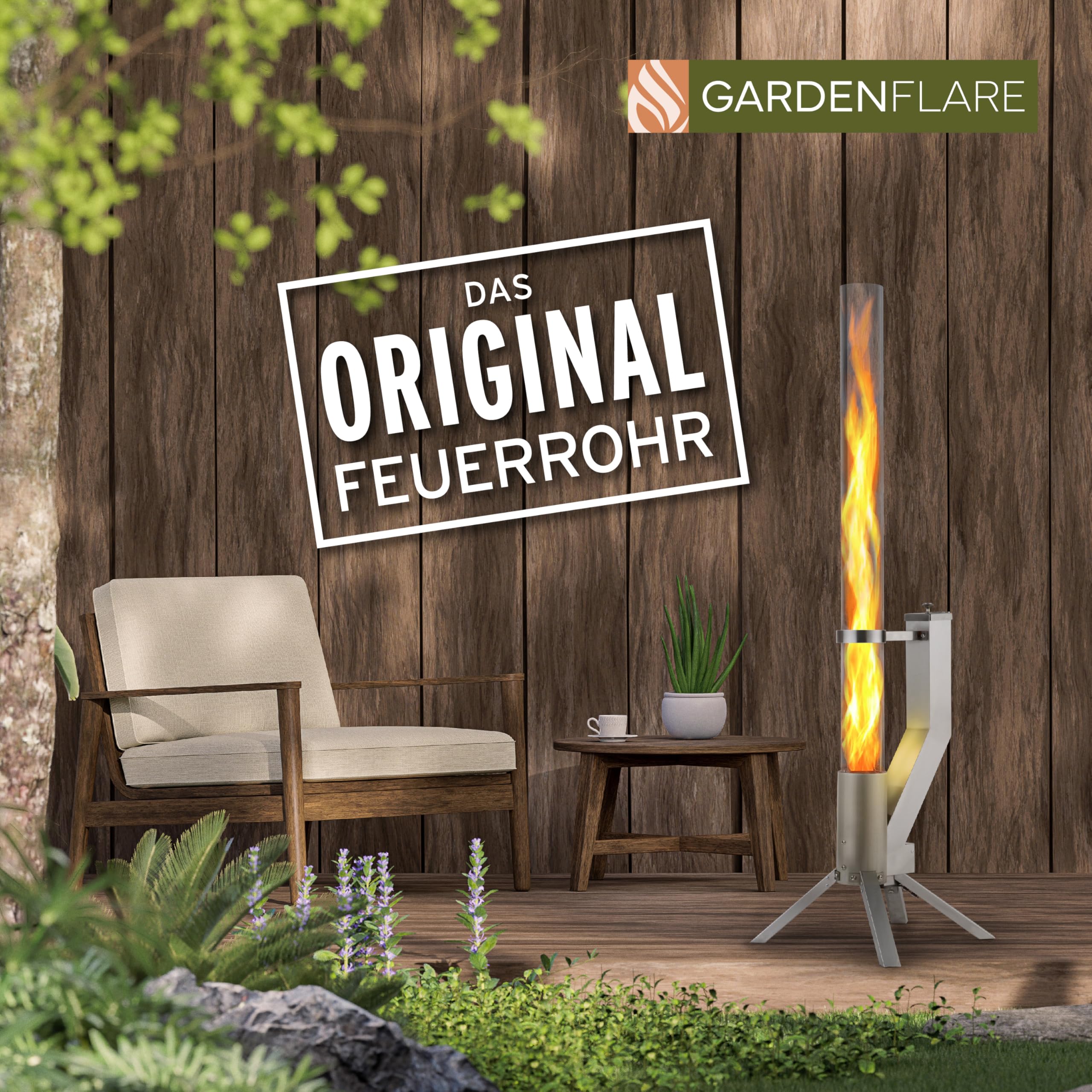 GARDENFLARE Feuerrohr Klassik – Edelstahl Feuersäule und Pelletfackel für tolles Ambiente Feuer – Alternative zu Feuerschale & Gartenkamin für Deine Terrasse (Silber)