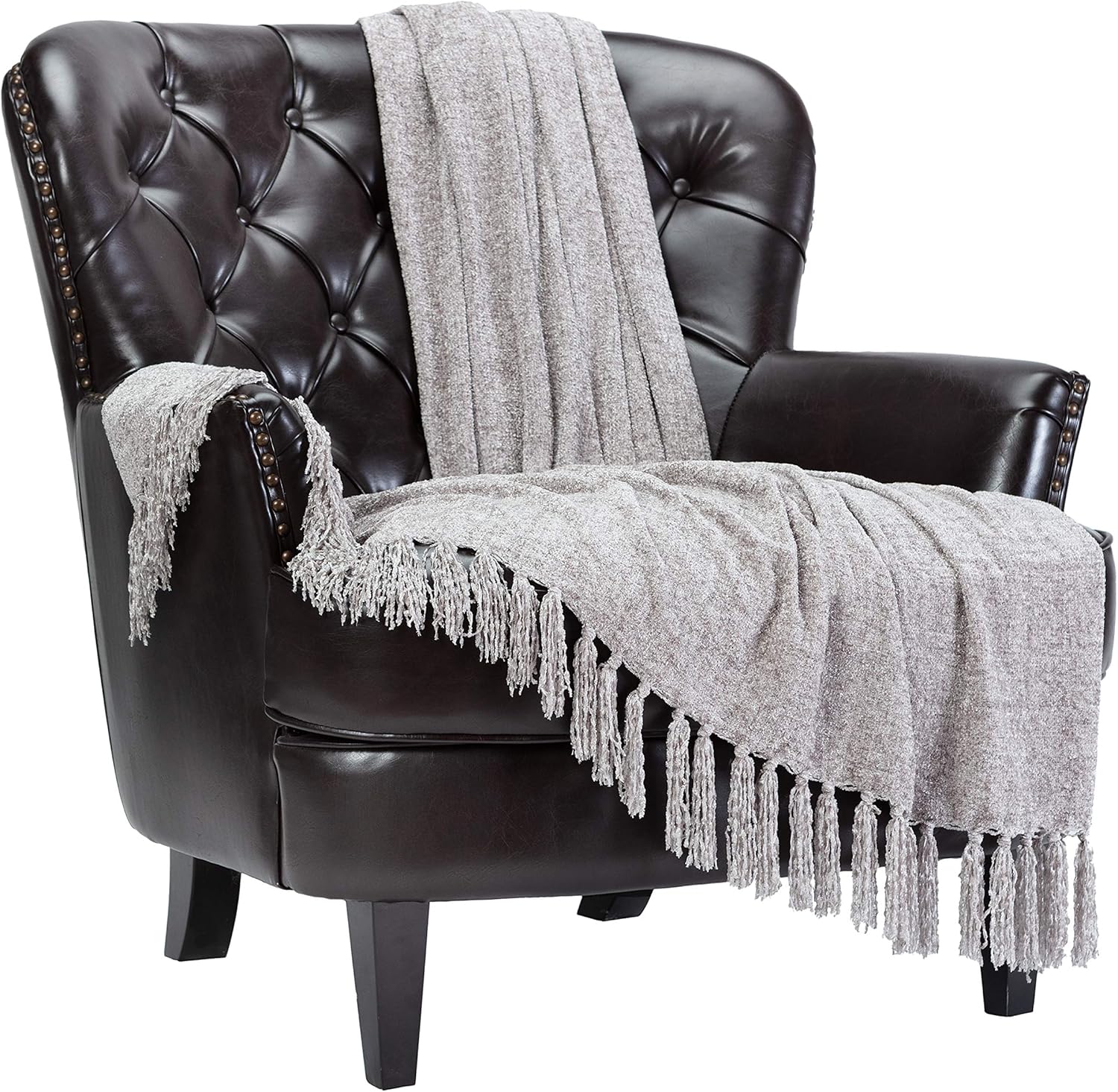 Chanasya Premium Chenille Fringe Throw Blanket - Velvet Soft Throw Blanket with Shimmer and Tassels - 50" x 65” - Taupe
