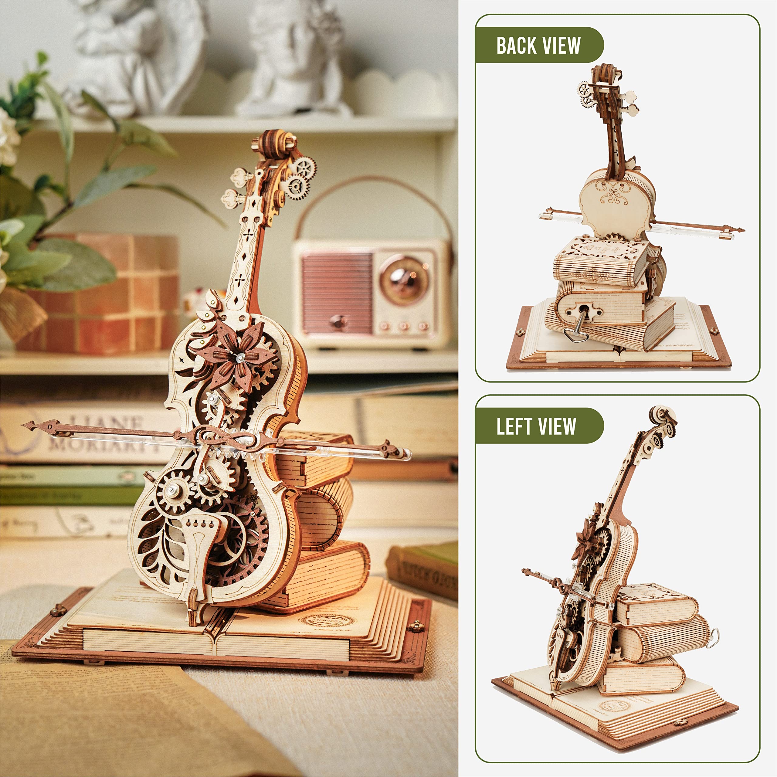 ROBOTIME Drewniane puzzle 3D dla dorosłych, zestaw modelarski do budowania, magiczna wiolonczela, pozytywka, model koła zębatego, zestaw do majsterkowania, prezent dla mężczyzn i kobiet