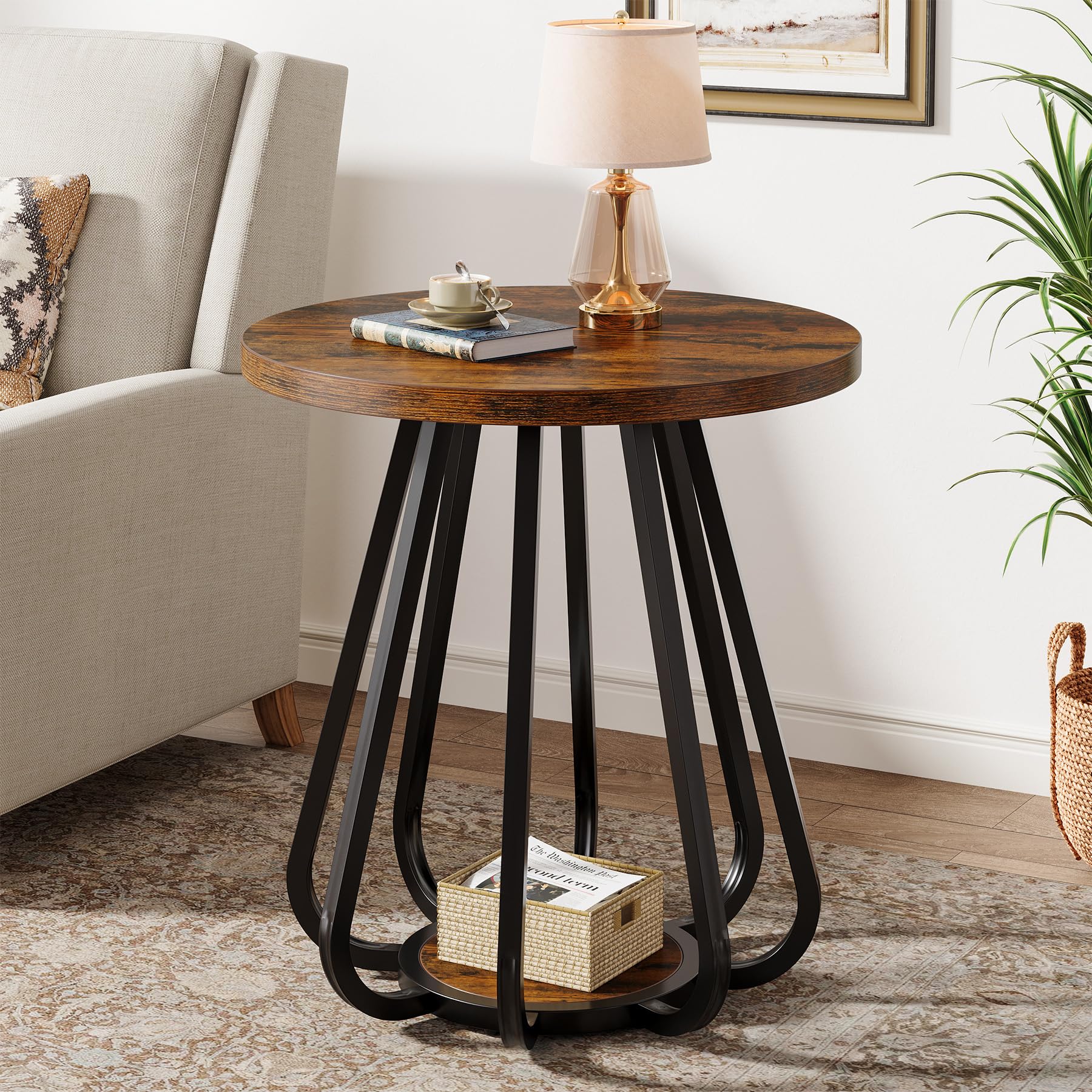Tribesigns Round End Table with Storage, 2-Tier Side Table with Metal Frame and Lower Shelf, Small Accent Table Nightstand for Living Room, Bedroom, Small Spaces, Vintage Brown & Black
