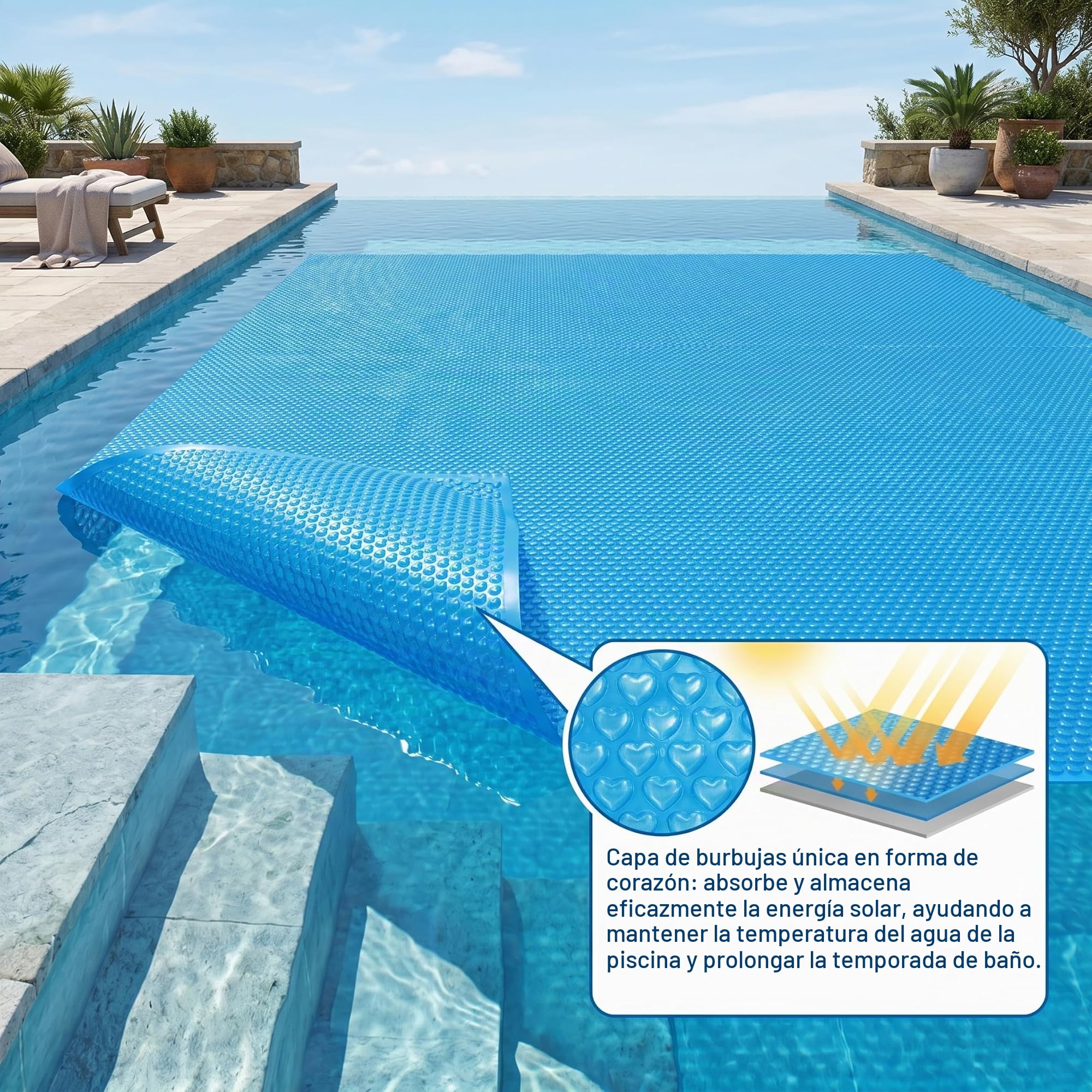 Cubierta Solar para Piscina elevada, Cubiertas solares rectangulares para Piscinas, Manta de PE de Burbujas en Forma de corazón para Piscina subterránea o elevada, 300x200 cm