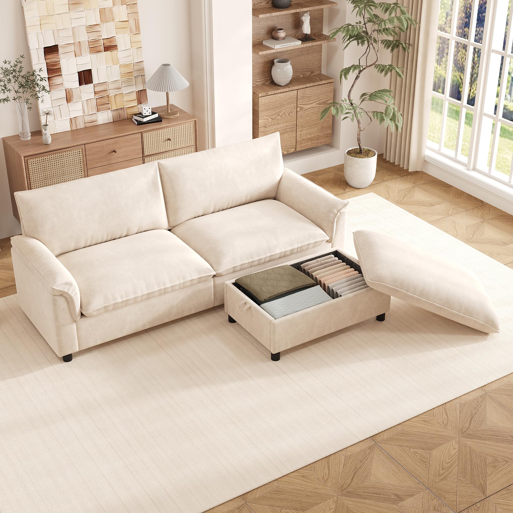Merax Ecksofa L-Form 2-Sitzer Cloud Sofa mit Stauraum, Modulare Couch mit Flexibler Ottomane, Kleines Schlafsofa Polstersofa mit hoher Rückenlehne für Wohnzimmer, 216cm, Beige