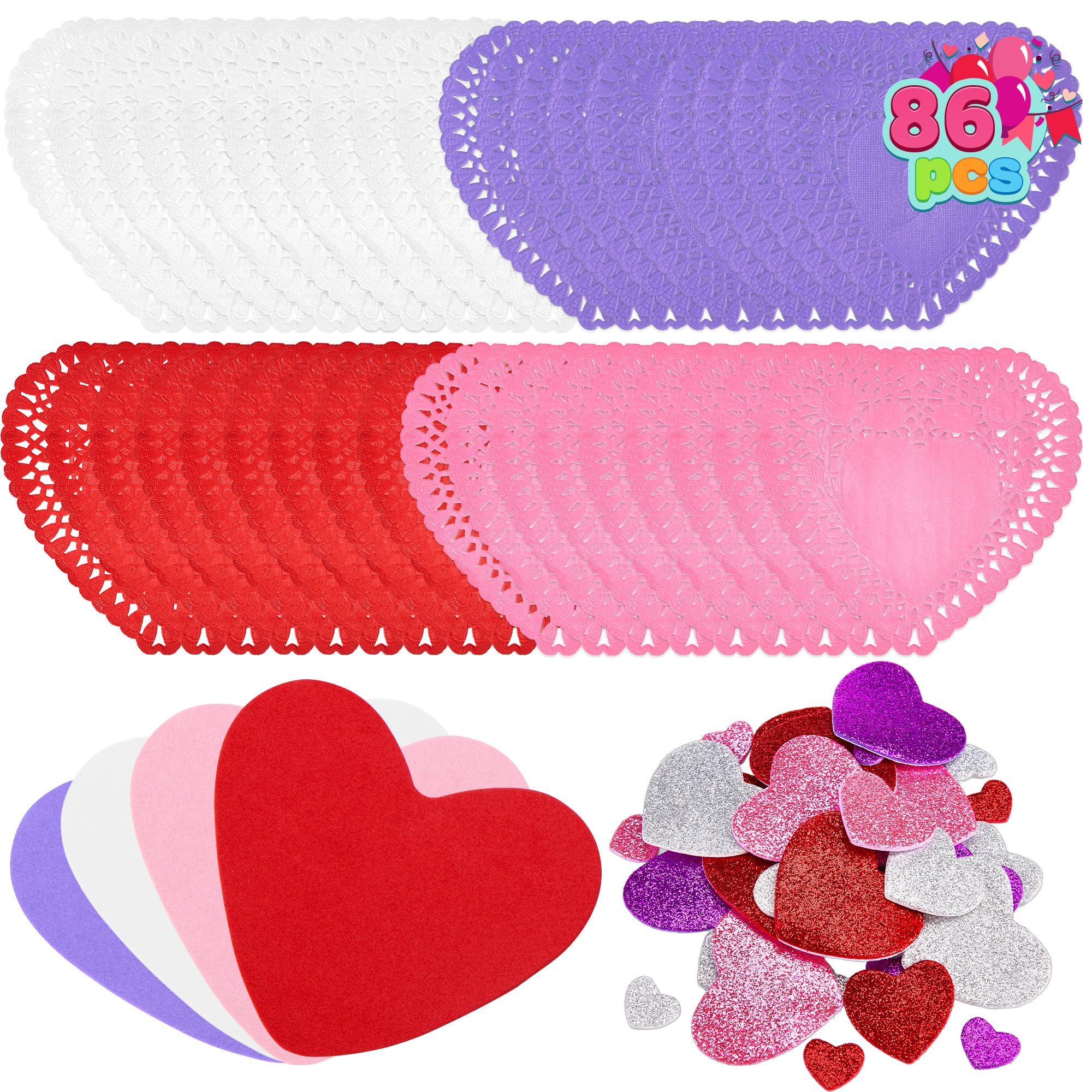 JOYIN 86 Pcs Valentines Day Heart Doilies Craft Gift Set with 50 Pcs Paper Doilies, 12 Foam Craft and 1 Bags of Glitter Foam Heart Stickers for