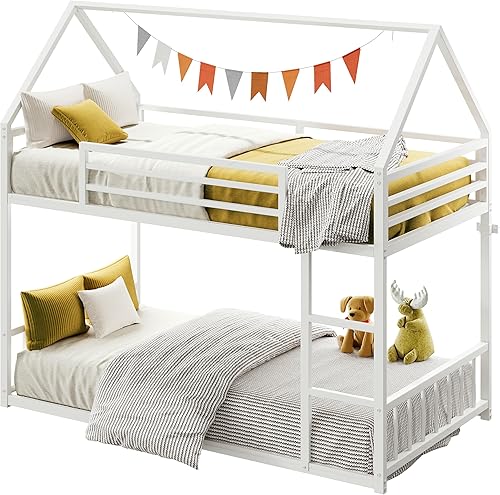 Miniatura 3 de LIKIMIO - Litera de camas individuales XL sobre individuales XL, base de cama de metal con escalera y barandilla, en forma de casa con listones de