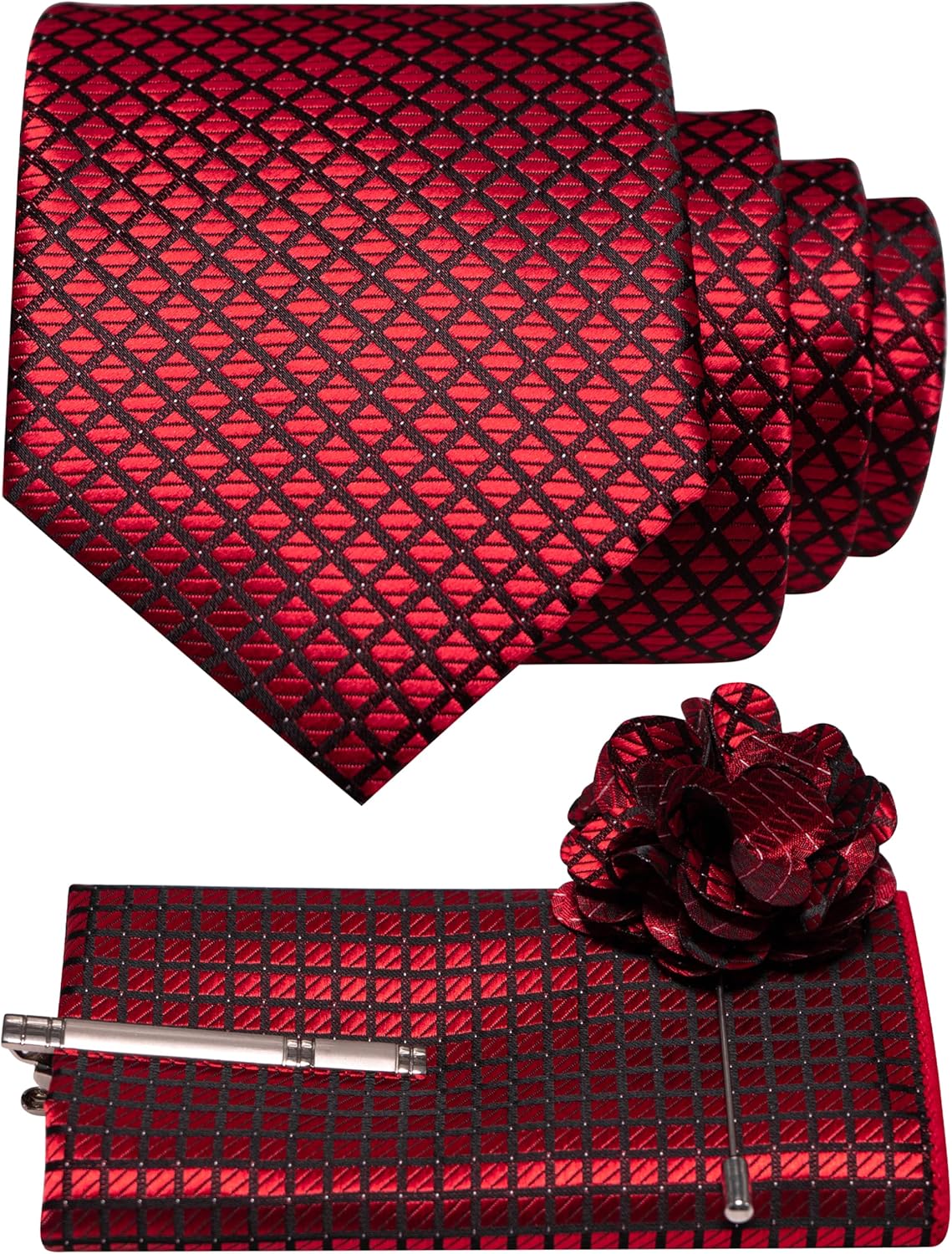 JEMYGINS Mens Solid Color Plaid Tie and Lapel Pin Necktie Pocket Square and Tie Clip with Sets for Business Casual 4PCS