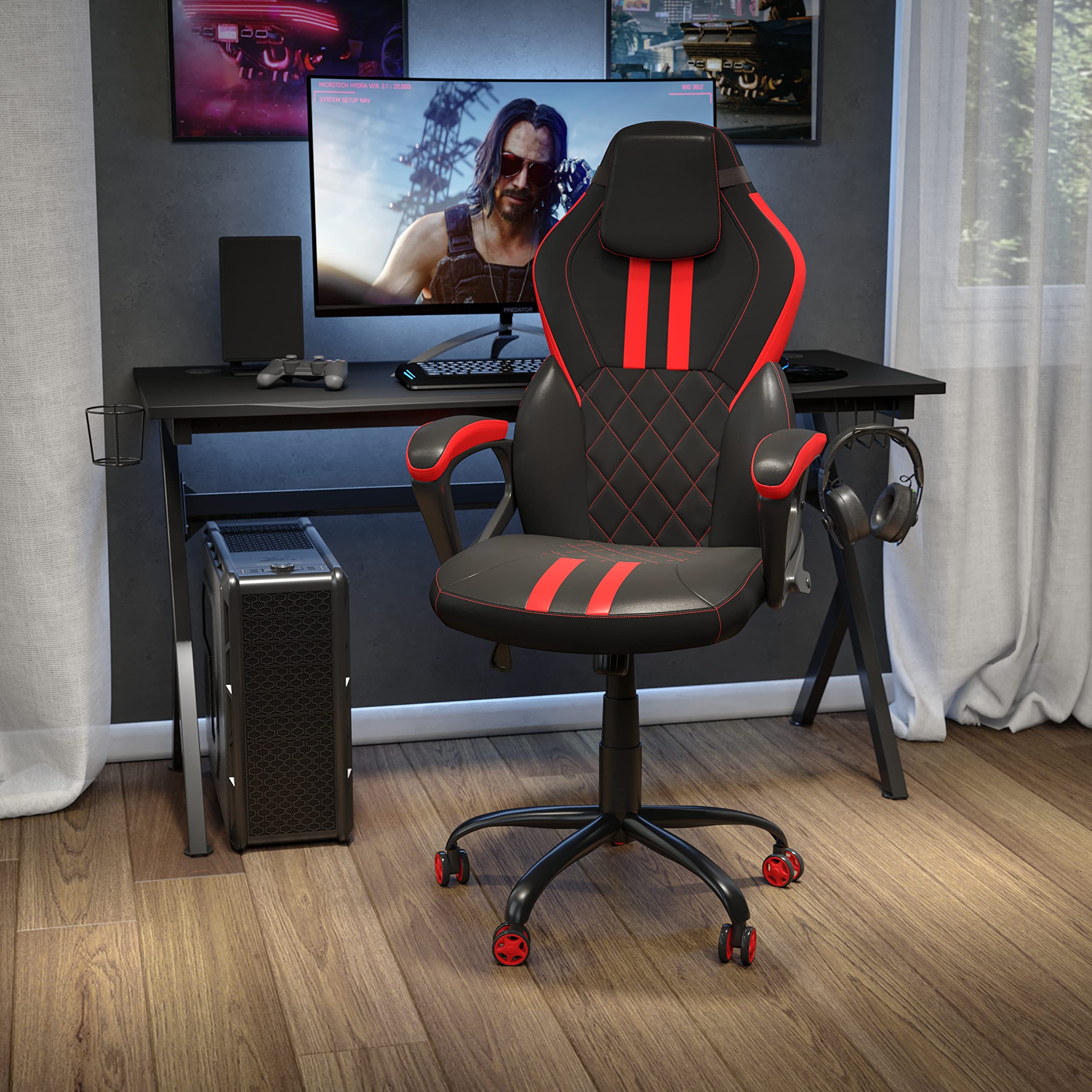 Flash FurnitureErgonomic PC Office Computer Chair - Adjustable Black and Red Designer Gaming Chair - 360° Swivel - Red Dual Wheel Casters