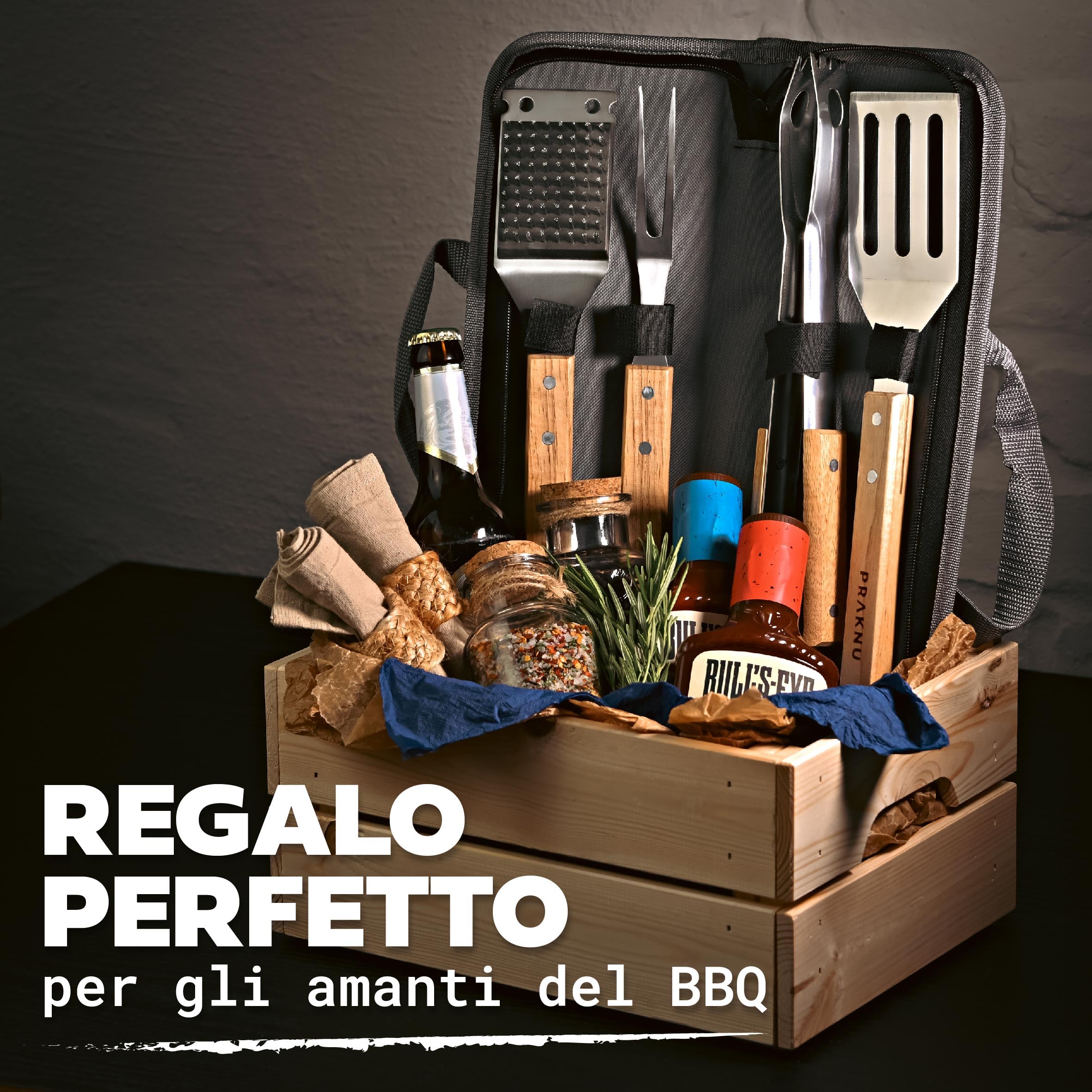 Praknu Set di Utensili da Barbecue 𝗲𝘀𝘀𝗲𝗻𝘇𝗶𝗮𝗹𝗶 in Acciaio e Legno - 4 pezzi - Resistente al calore e antiruggine - Con pratica borsa per il trasporto