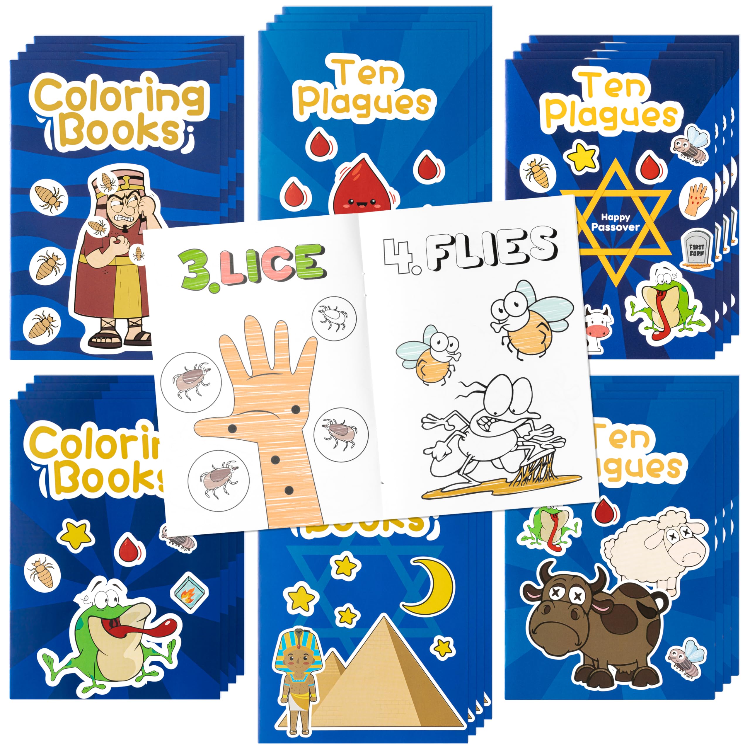 2OOYA 24Pcs Passover Coloring Books for Kids Party Bulk Cartoon Ten Plagues 6-Style DIY Color Page Activity Book Mini Pocket Painting Booklet for Jewish Pesach Seder School Classroom Favor Bag Filler