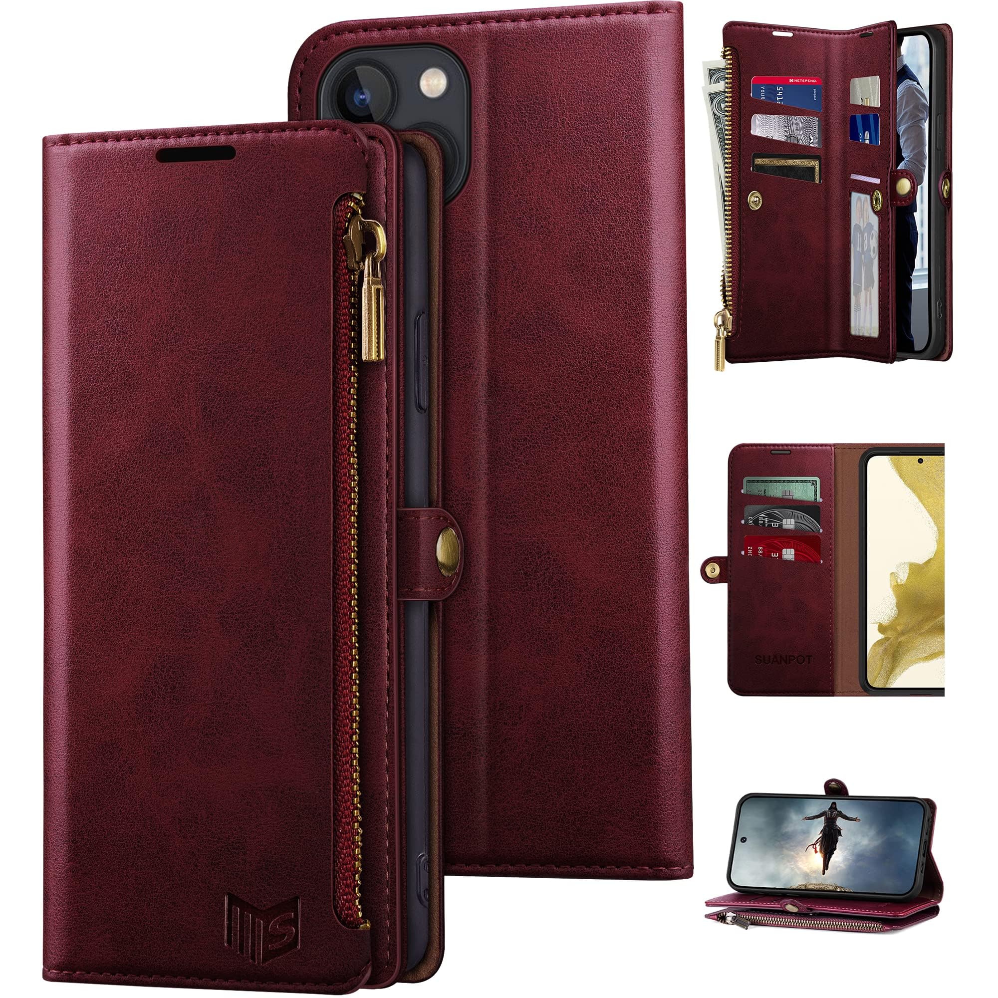 SUANPOT for iPhone 14 Plus 6.7 inch Wallet case ?RFID Blocking??9 Card Slot??Pocket?,Credit Card Holder Flip Folio Book Zipper PU Leather Protective Cover Women Men for 14 Plus Phone case Wine Red