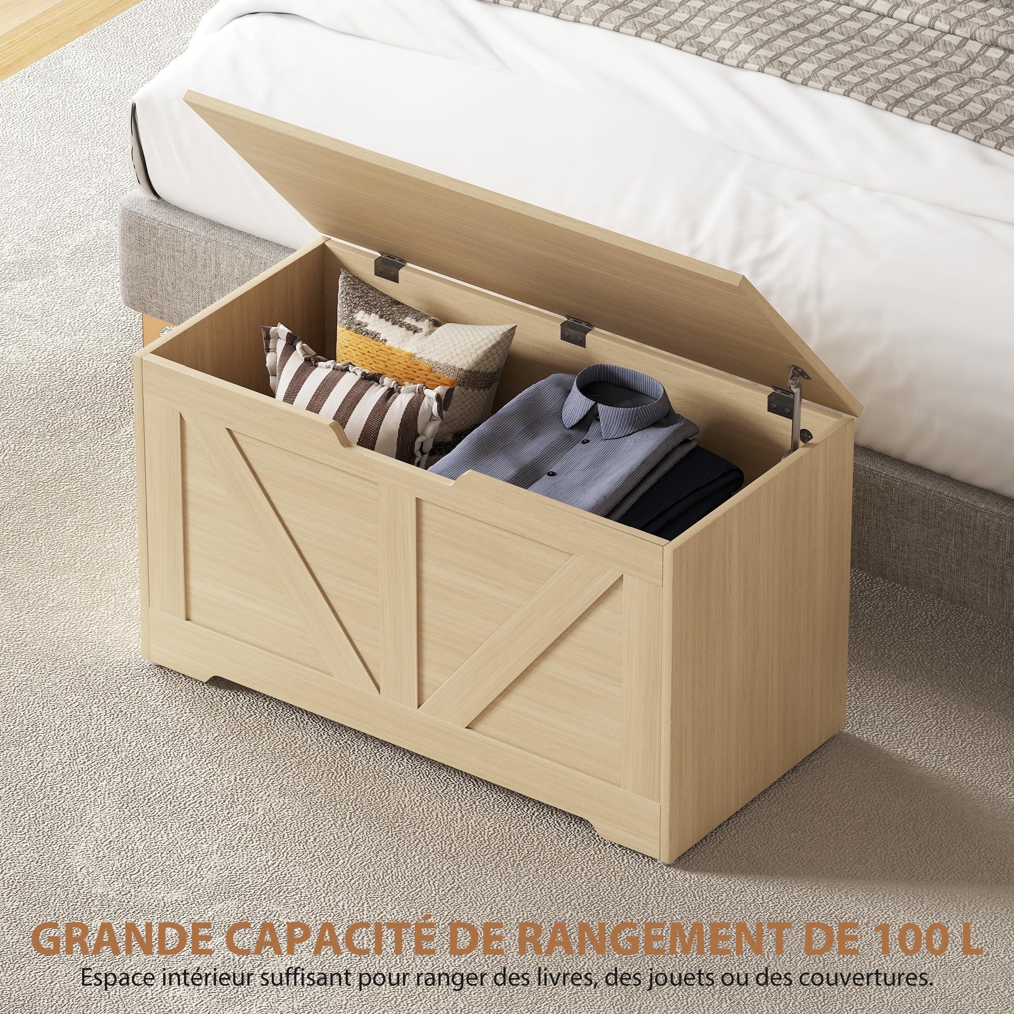 HOMCOM 100L Baúl con bisagra de Seguridad 80x40x45 cm Madera Natural | Baúl zapatero, tirador en U, caja para mantas, recibidor dormitorio sala de estar entrada