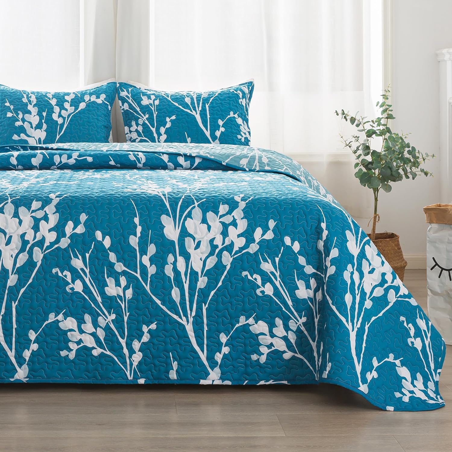 Andency Teal Blue Quilt Queen Size (96x90 Inch), 3 Pieces Floral Lightweight Bedspread, Microfiber Reversible Flower Quilted Coverlet with 2 Pillowcases for Men Women - Image 7