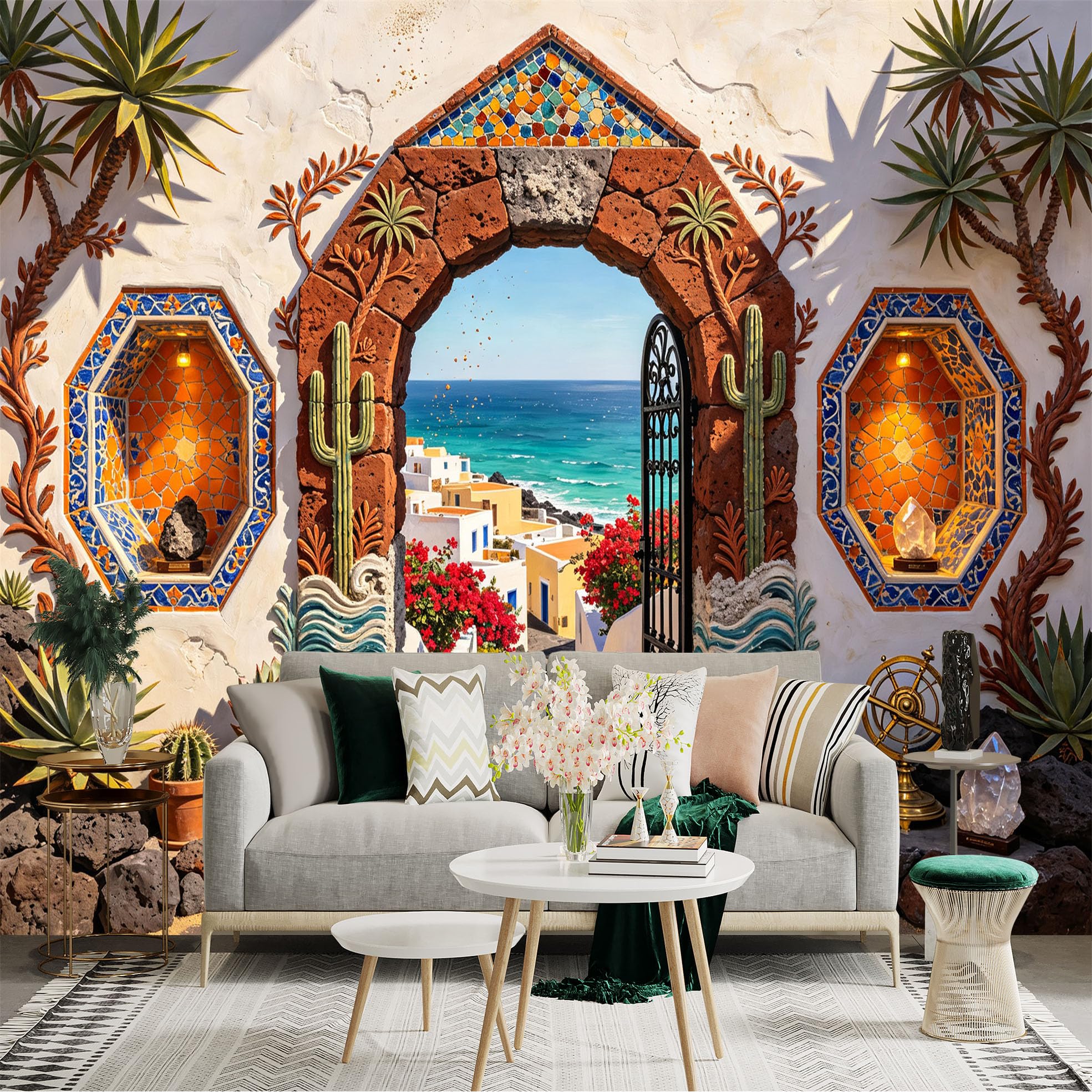 Custom Size Wall Sticker Mural， Mediterranean Coastal Archway， Cactus Ocean View， for wall Decoration， peelandstick wall Decals.