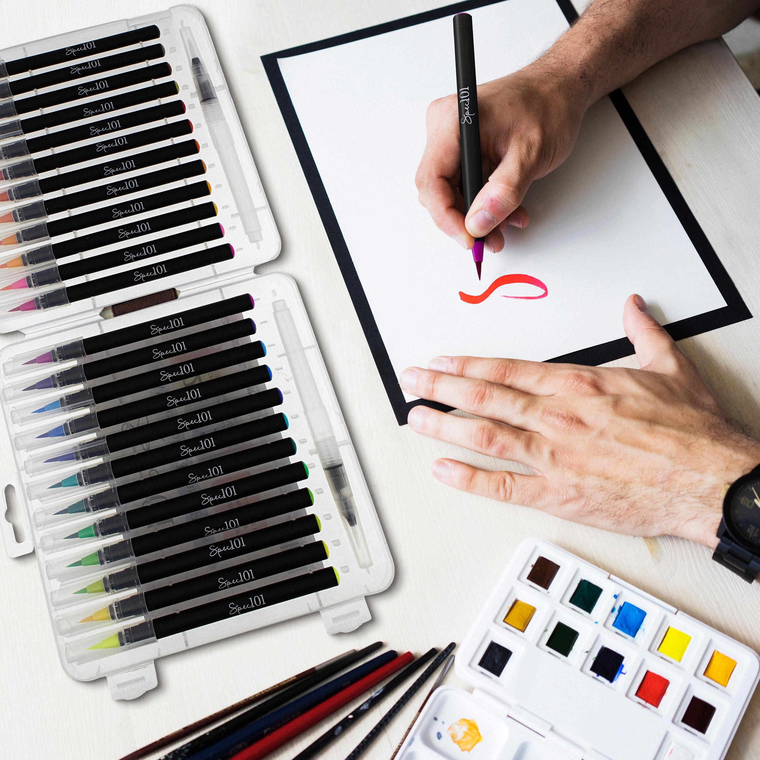 Spec101 Watercolor Pens Brush Set - 24 Colored Ink Brush Pens Watercolor Brush Markers and 2 Blending Water Paint Pens - Image 7