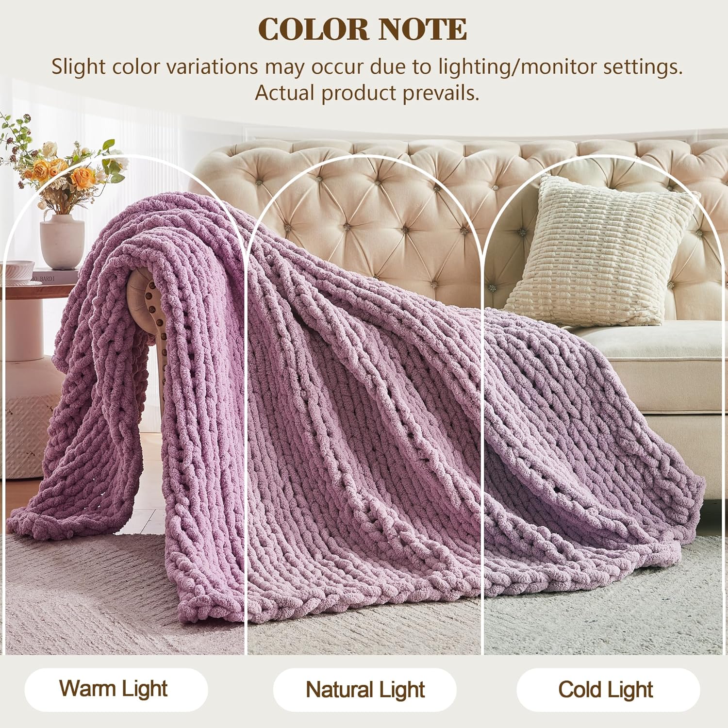 Carriediosa Chunky Knit Throw Blanket 50" X 60", 100% Hand Made Large Chenille Loop Yarn Soft Fluffy Throws for Couch Sofa Bed, Big Crochet Cozy Heavy Thick Cable Woven Blankets, Purple - Image 2