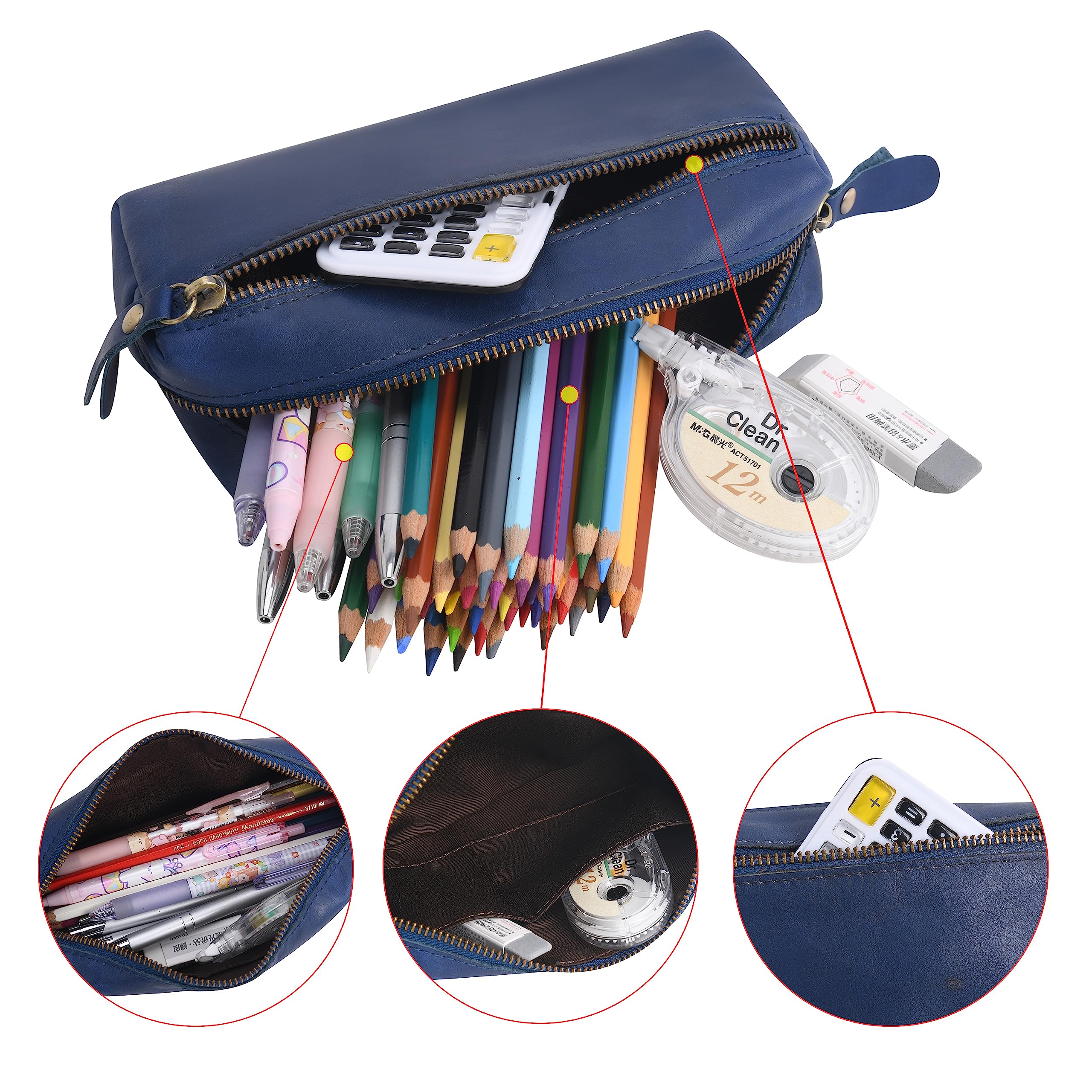 Wonderpool Pen Case Real Leather Pencil Pouch Markers Holder Big Capacity Bag with Side Zippered Pocket Sleeve for Stationery Makeup Utensils Organizer (Blue) - Image 4