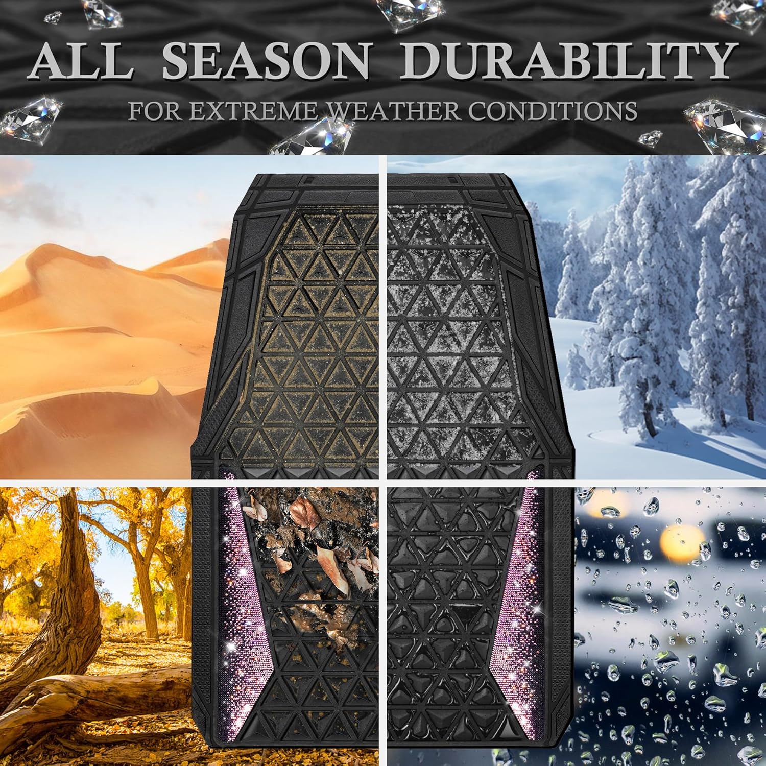 CAR PASS Bling Rubber Car Mats Diamond Floor Mats Full Set Anti-Slip 3D Rhombus Waterproof Universal Trim to Fit Liner Glitter Crystal Sparkly Shining Rhinestone Girl Women SUV Sedan Van, Black Pink - Image 7