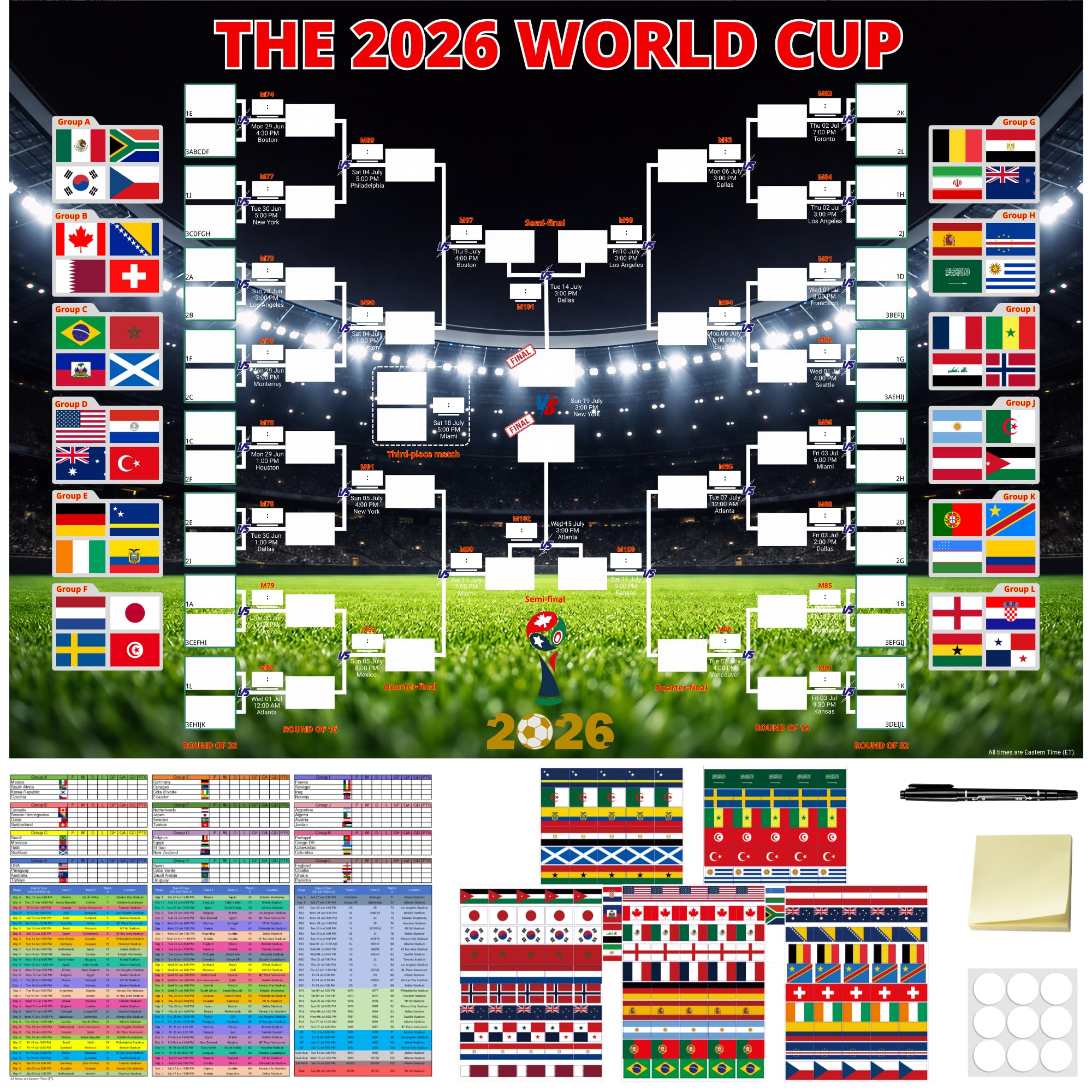 Photo 1 of 2026 World Cup Schedule Poster - 39.4x27.8 Inch Includes A2 Schedule & 240 Team Flag Stickers Large Soccer Schedule 2026 World Cup Merchandise Wall Chart for Game-day Planning Track Matches