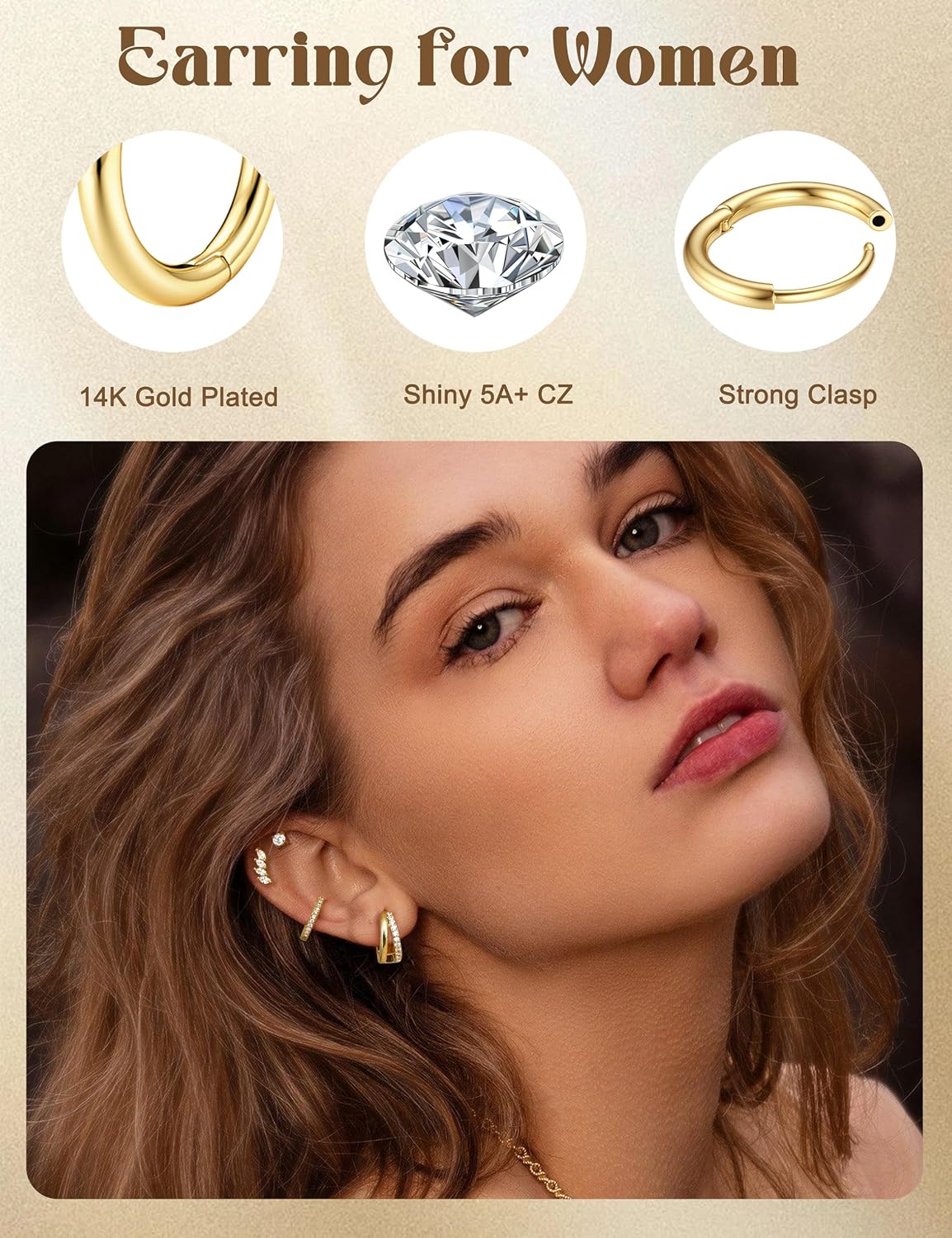 Dochais 6 Pairs 14K Gold Plated Small Hoop Earrings for Women, Hypoallergenic Silver Stackable Cartilage & Stud Earring Set, Dainty Huggie Stacks Set for Multiple Piercings