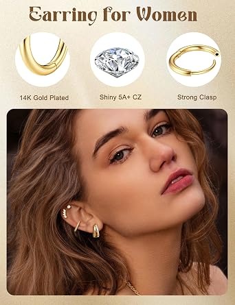 Dochais 14K 金メッキ スモール フープイヤリング 女性用 低刺激性 シルバー 積み重ね可能 軟骨 & スタッドイヤリングセット 華奢なハギースタックセット 複数のピアス用