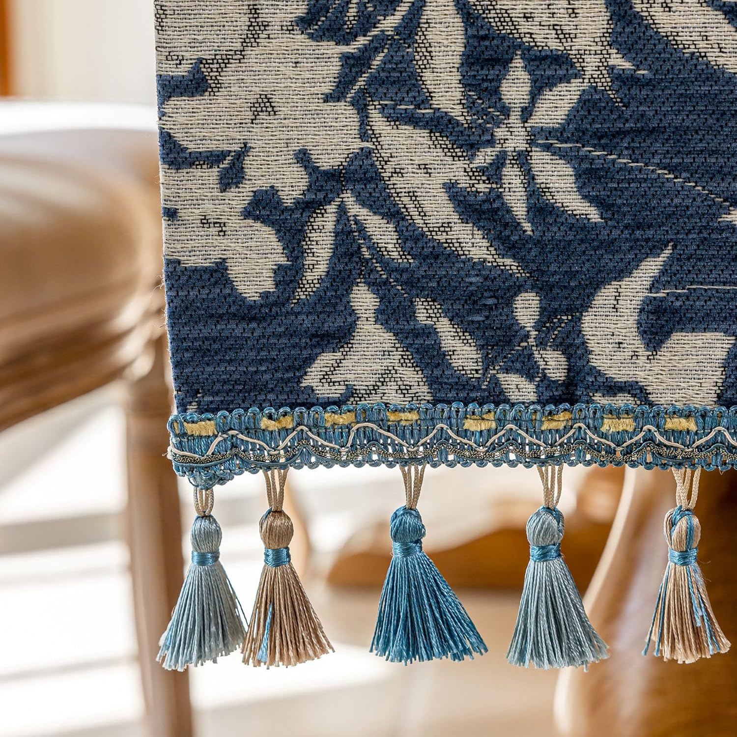 Floral Jacquard Dining Table Runner with Fringe Elegant Natural End Table Runner for Graden Kitchen Farmhouse Table Runners Long Decorative 13 x 106 Inch Blue