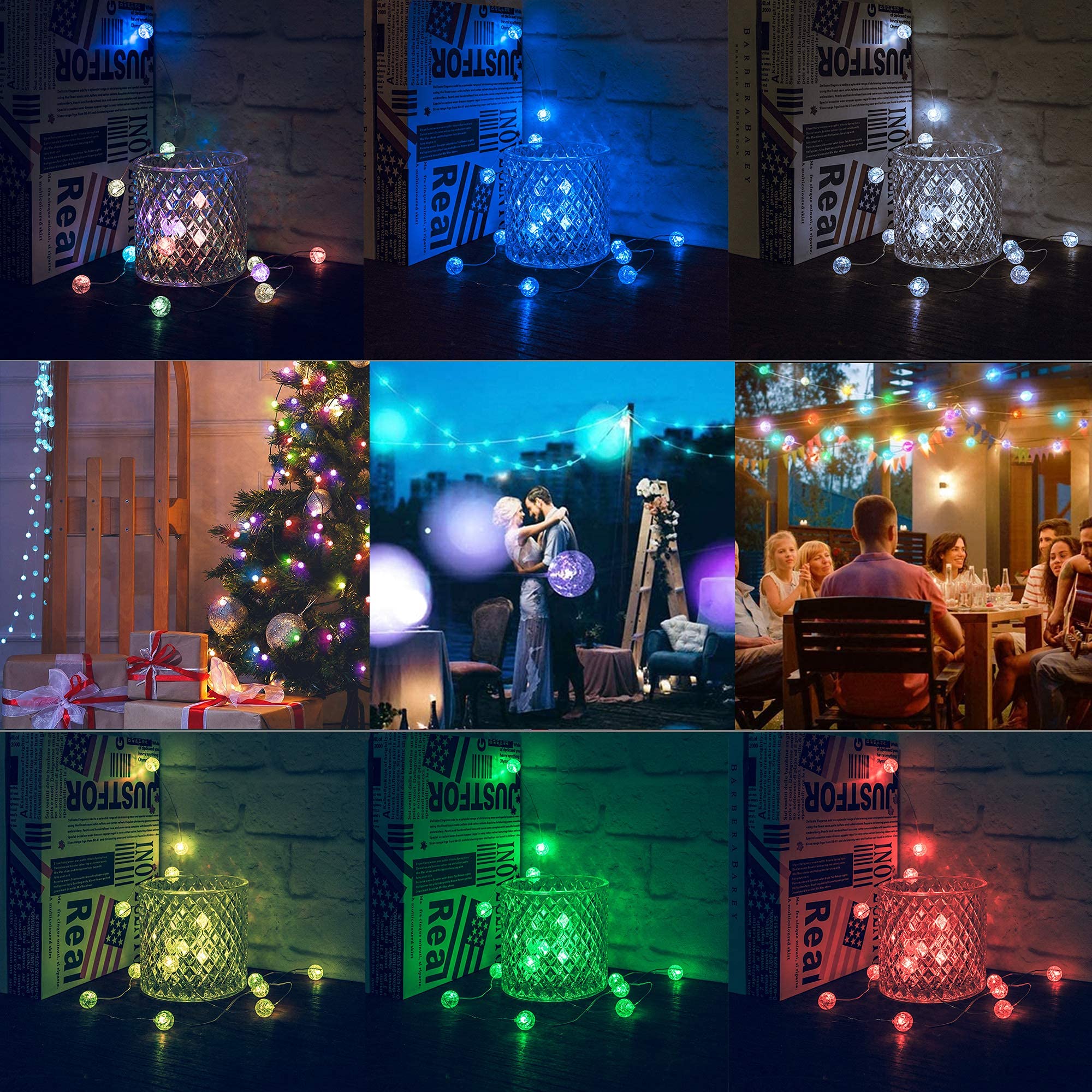 KugelLichterkette für Schlafzimmer, KristallkugelLichter, 8 leuchtende Farben, 3 m, 30 LEDs, USBbetrieben, mit Fernbedienung, Lichterkette, perfekt für den Innen und Außenbereich,